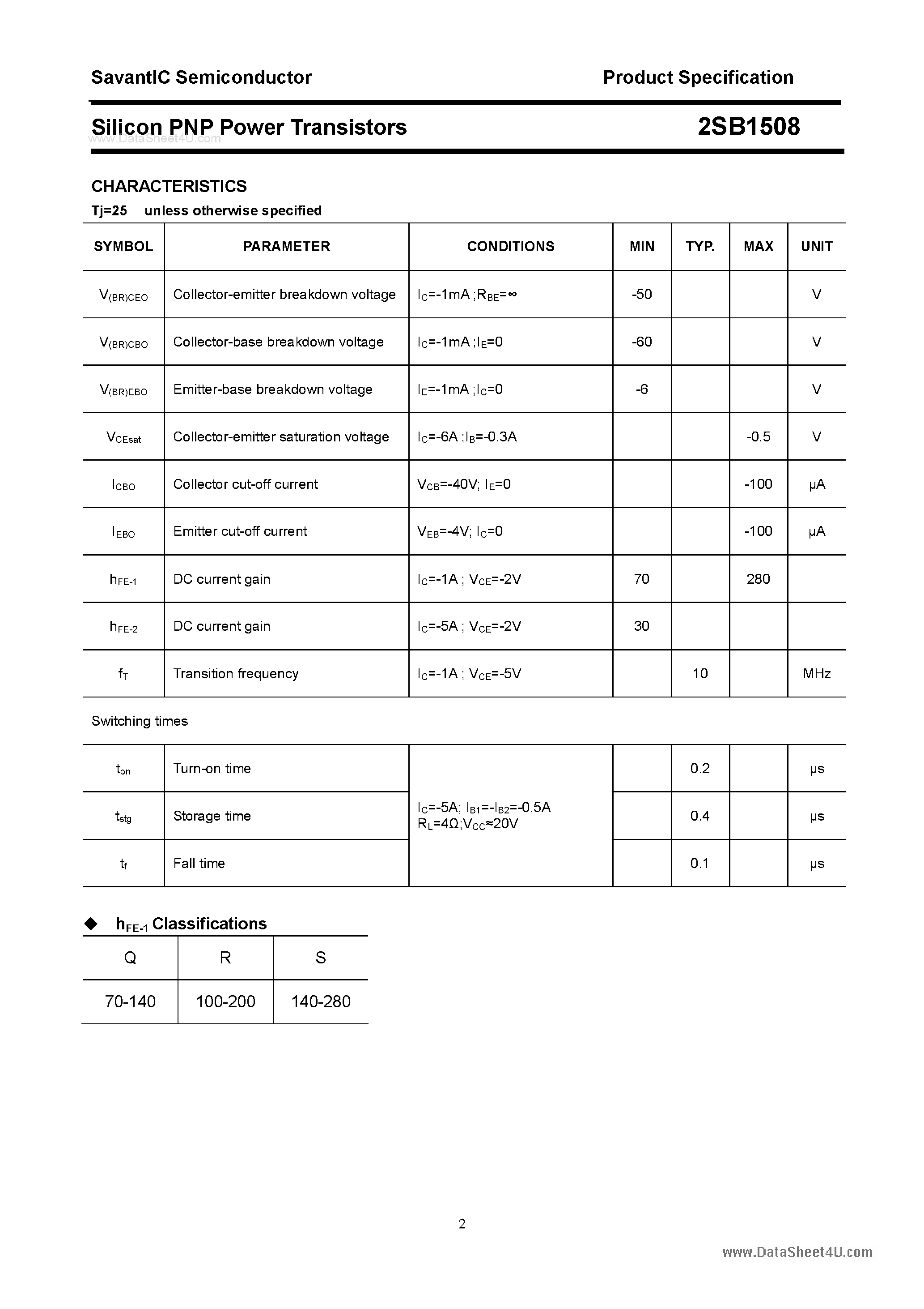 Datasheet 2SB1508 page 2 Datasheet 2SB1508 - SILICON POWER TRANSISTOR page 2