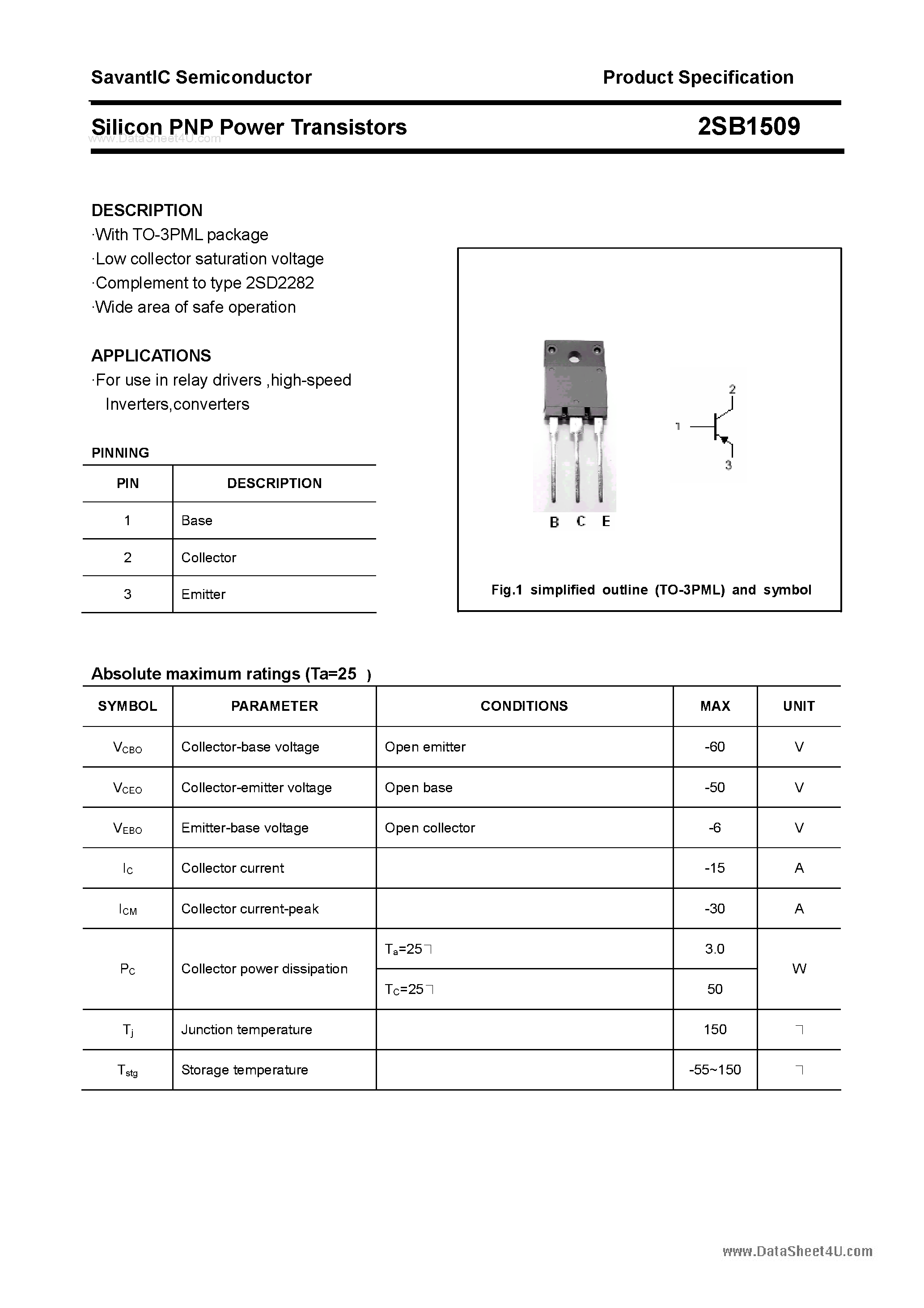Datasheet 2SB1509 page 1 Datasheet 2SB1509 - SILICON POWER TRANSISTOR page 1