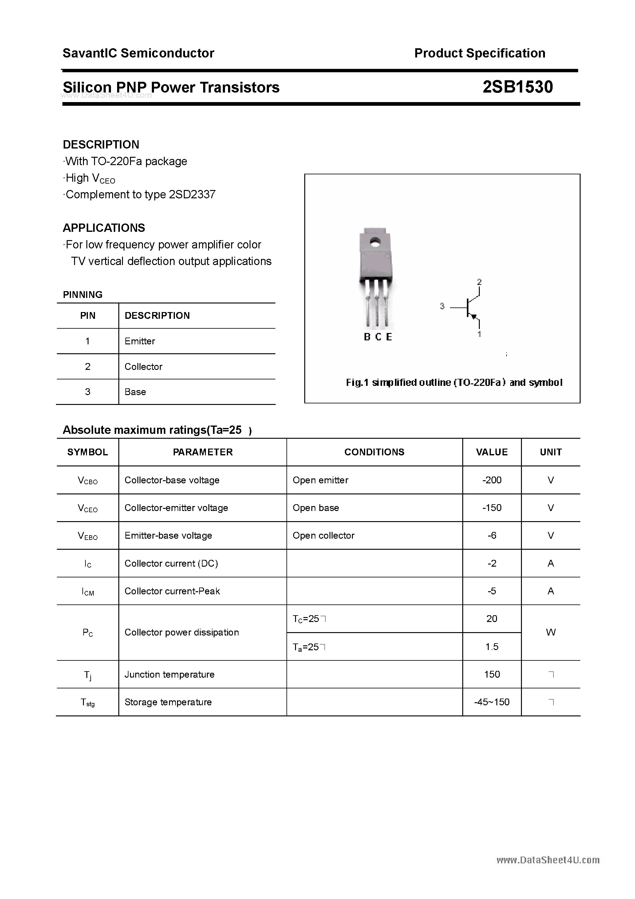 Datasheet 2SB1530 page 1 Datasheet 2SB1530 - SILICON POWER TRANSISTOR page 1
