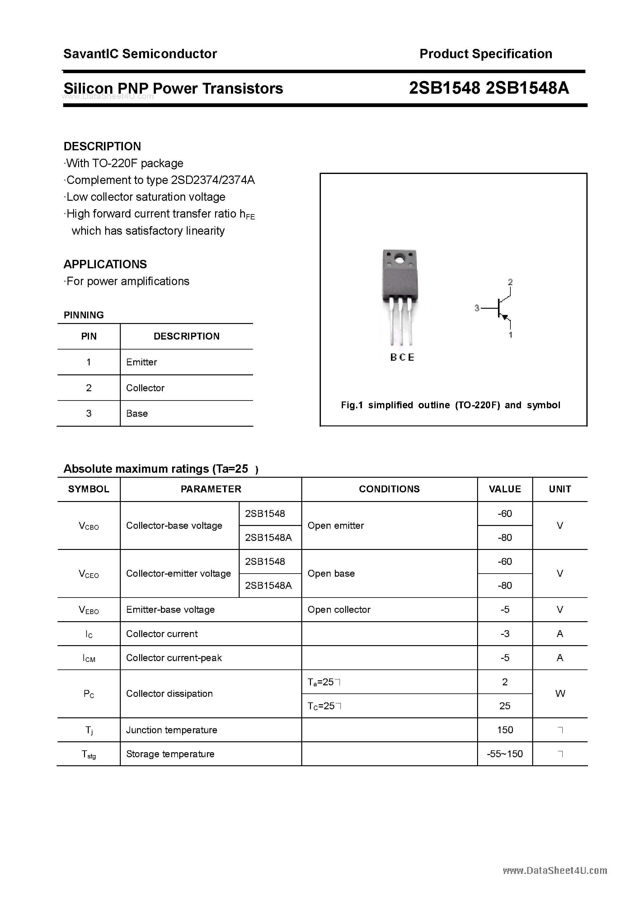 Datasheet 2SB1548 page 1 Datasheet 2SB1548 - SILICON POWER TRANSISTOR page 1