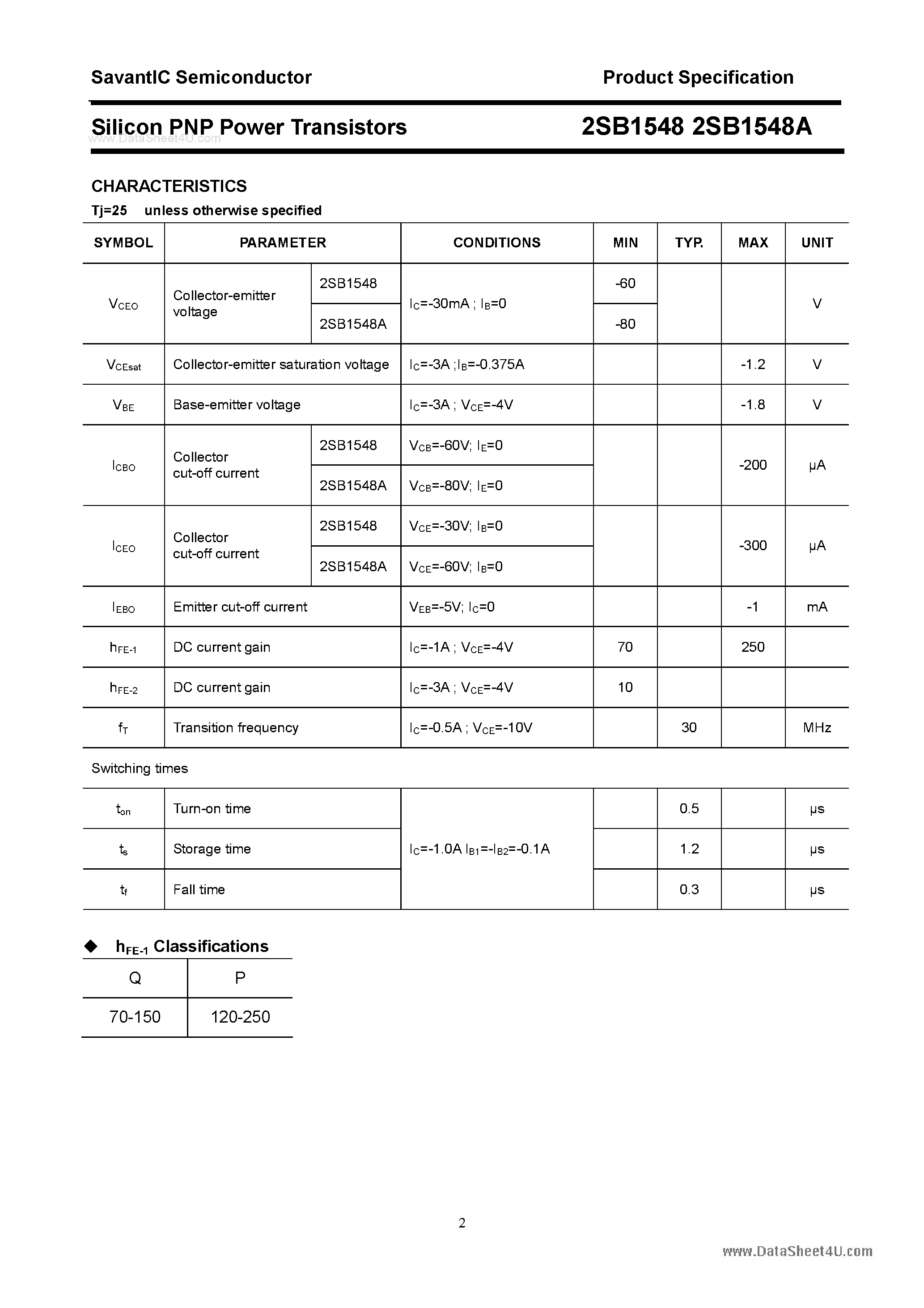 Datasheet 2SB1548 page 2 Datasheet 2SB1548 - SILICON POWER TRANSISTOR page 2