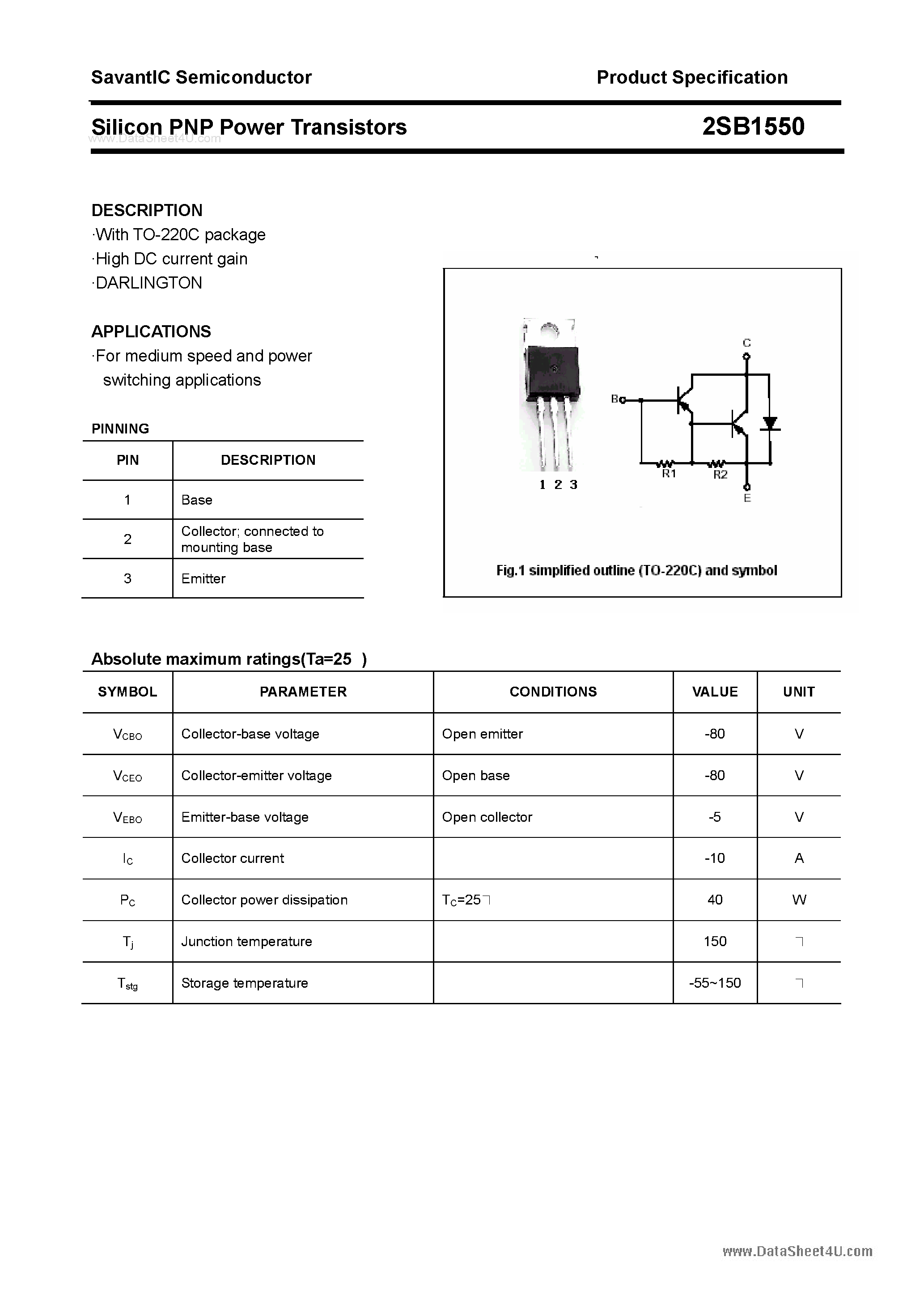 Datasheet 2SB1550 page 1 Datasheet 2SB1550 - SILICON POWER TRANSISTOR page 1