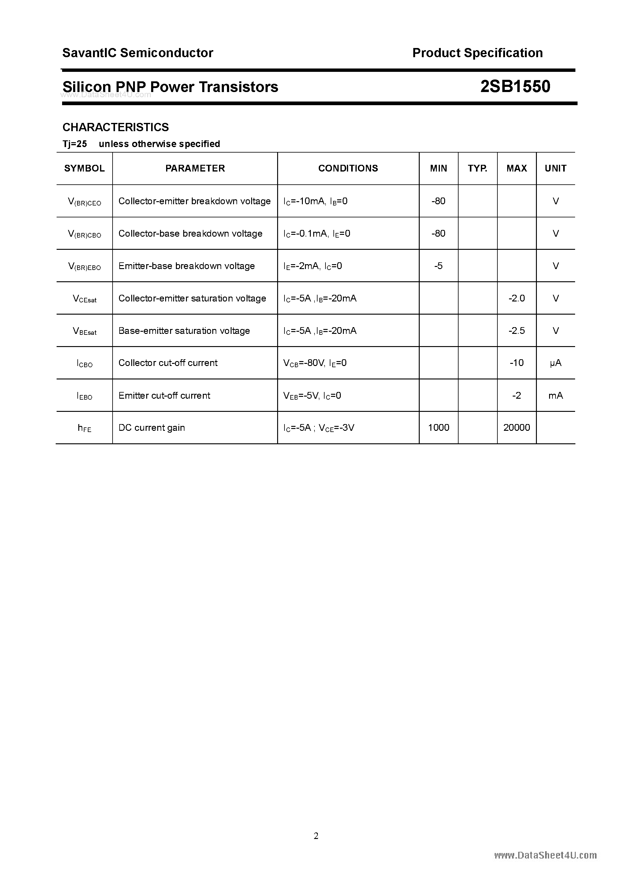 Datasheet 2SB1550 page 2 Datasheet 2SB1550 - SILICON POWER TRANSISTOR page 2