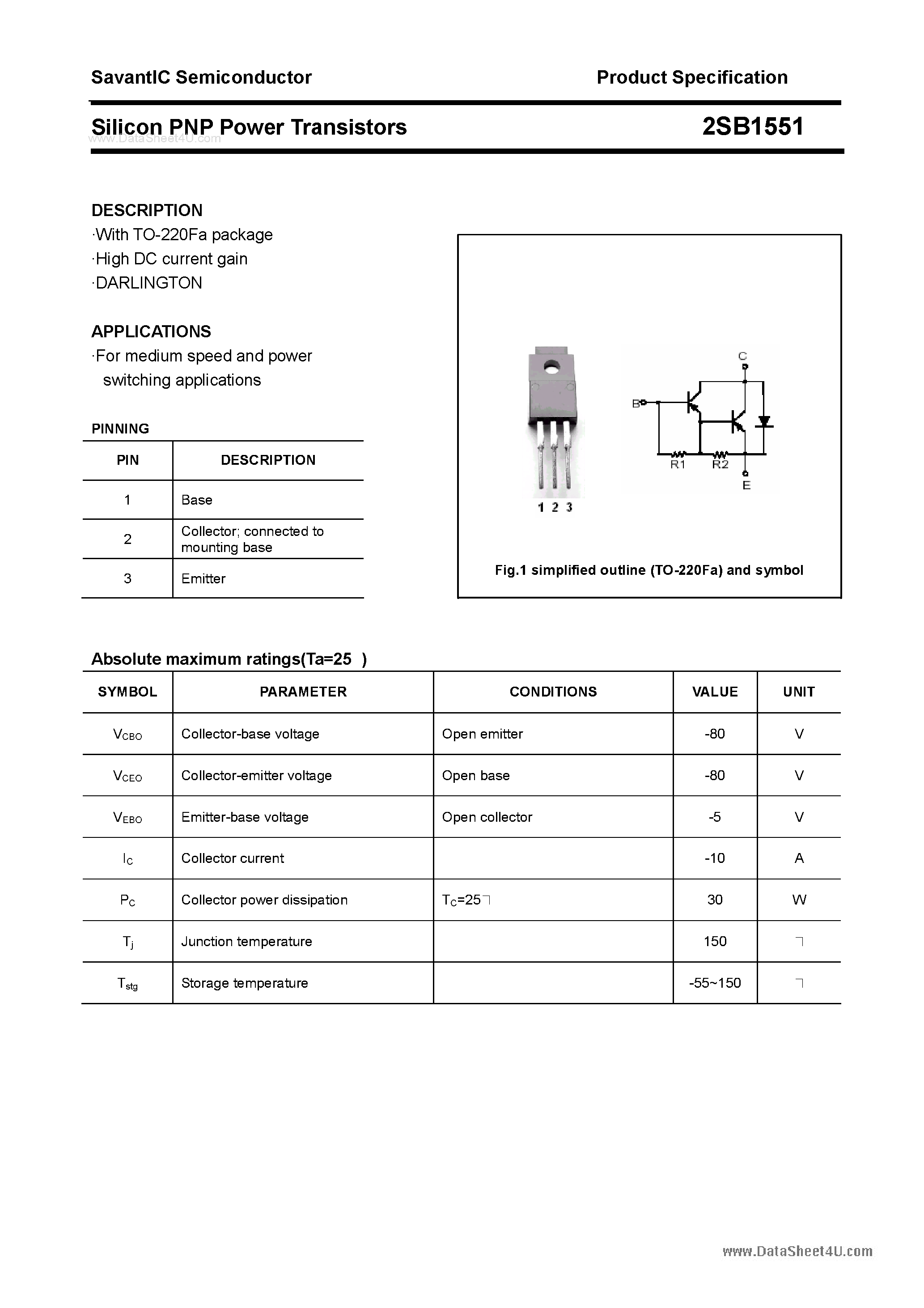 Datasheet 2SB1551 page 1 Datasheet 2SB1551 - SILICON POWER TRANSISTOR page 1
