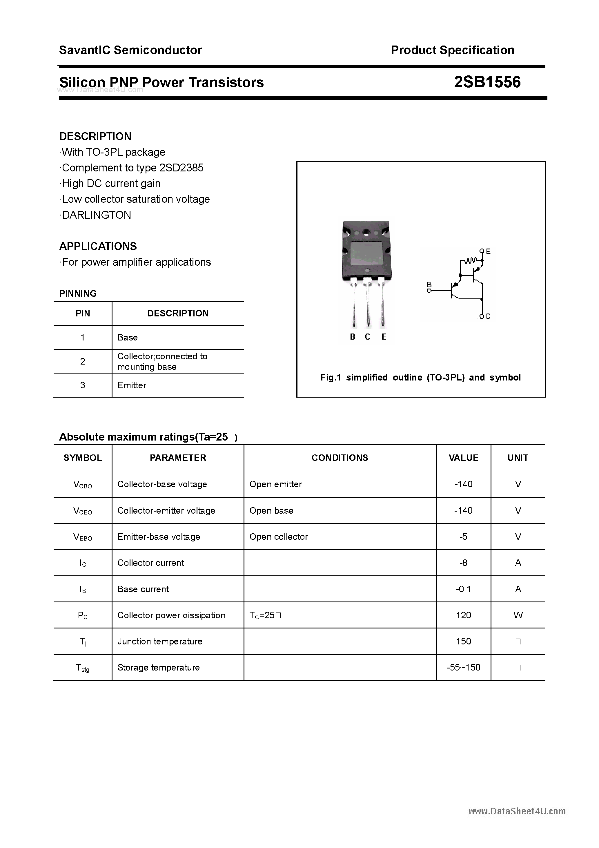 Datasheet 2SB1556 page 1 Datasheet 2SB1556 - SILICON POWER TRANSISTOR page 1
