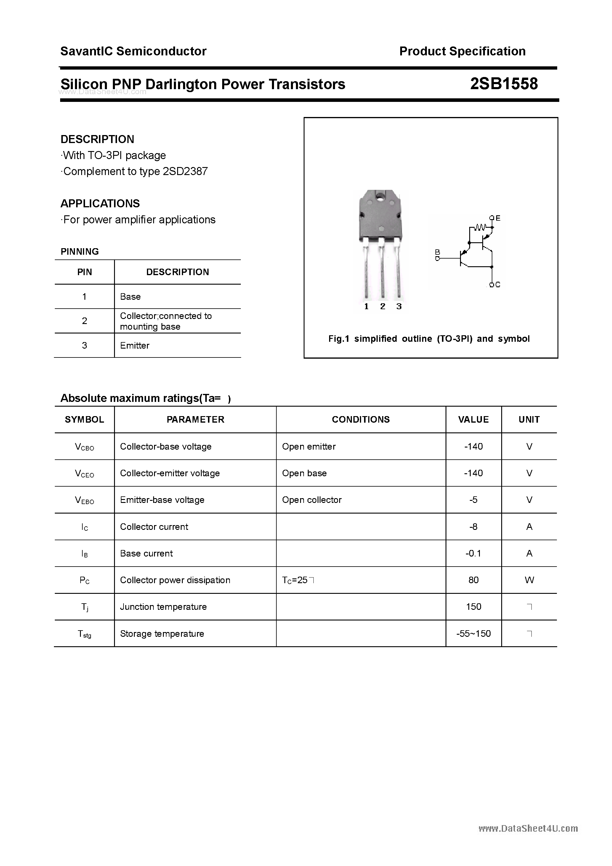 Datasheet 2SB1558 page 1 Datasheet 2SB1558 - SILICON POWER TRANSISTOR page 1
