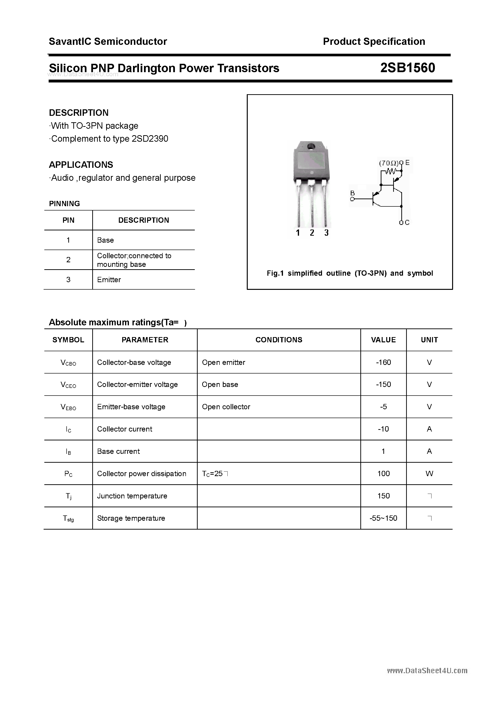Datasheet 2SB1560 page 1 Datasheet 2SB1560 - SILICON POWER TRANSISTOR page 1