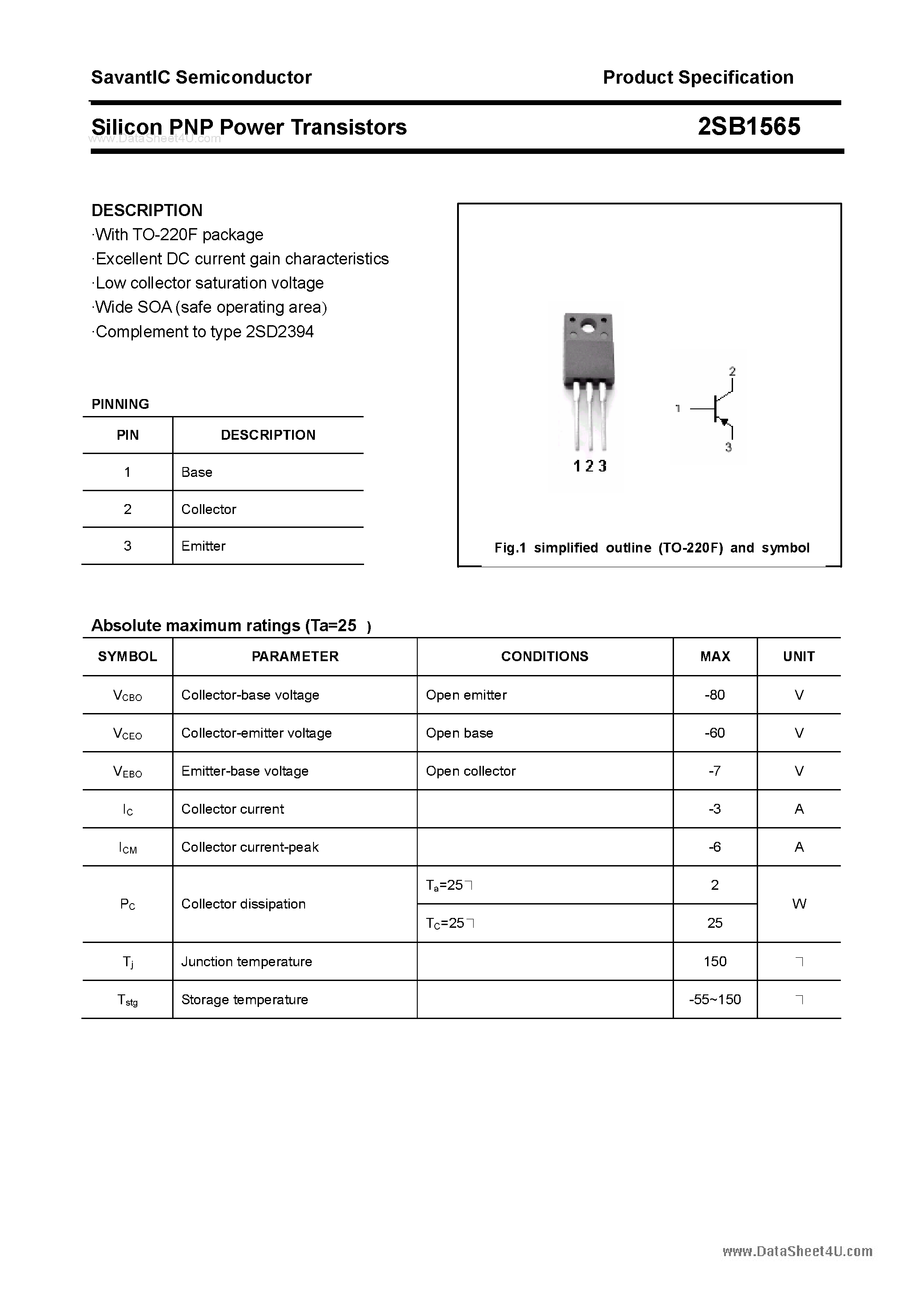 Datasheet 2SB1565 page 1 Datasheet 2SB1565 - SILICON POWER TRANSISTOR page 1
