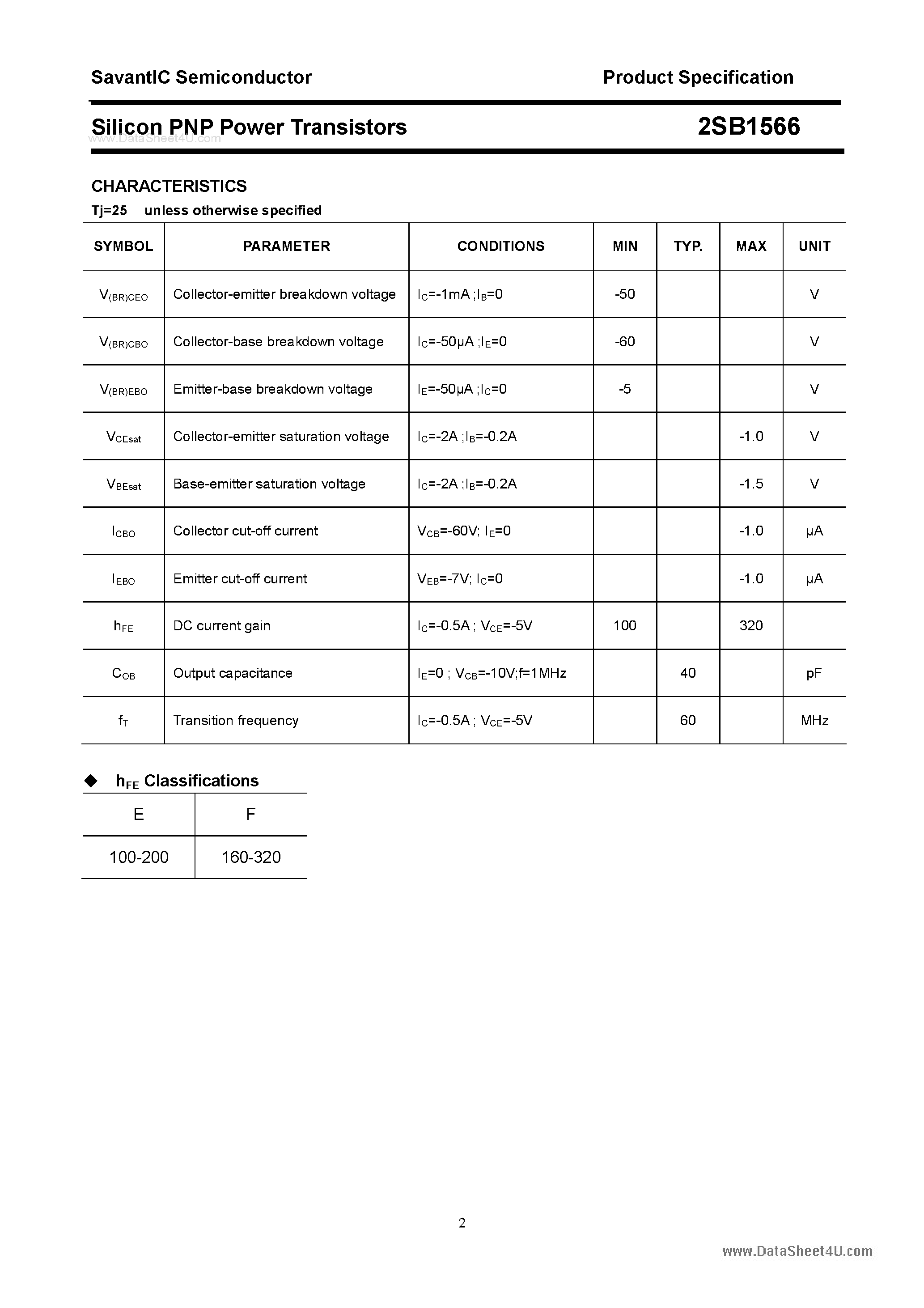 Datasheet 2SB1566 page 2 Datasheet 2SB1566 - SILICON POWER TRANSISTOR page 2
