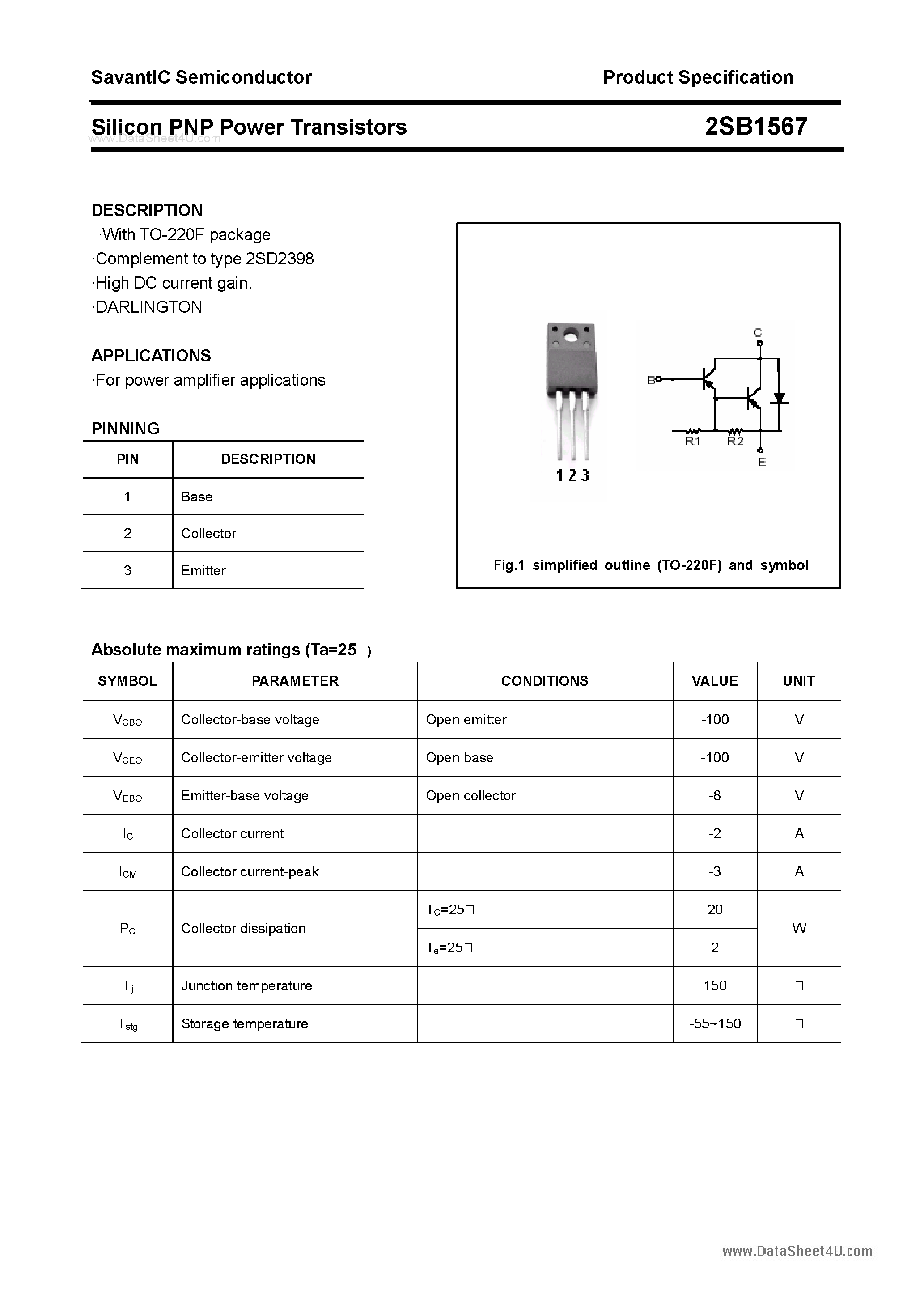 Datasheet 2SB1567 page 1 Datasheet 2SB1567 - SILICON POWER TRANSISTOR page 1