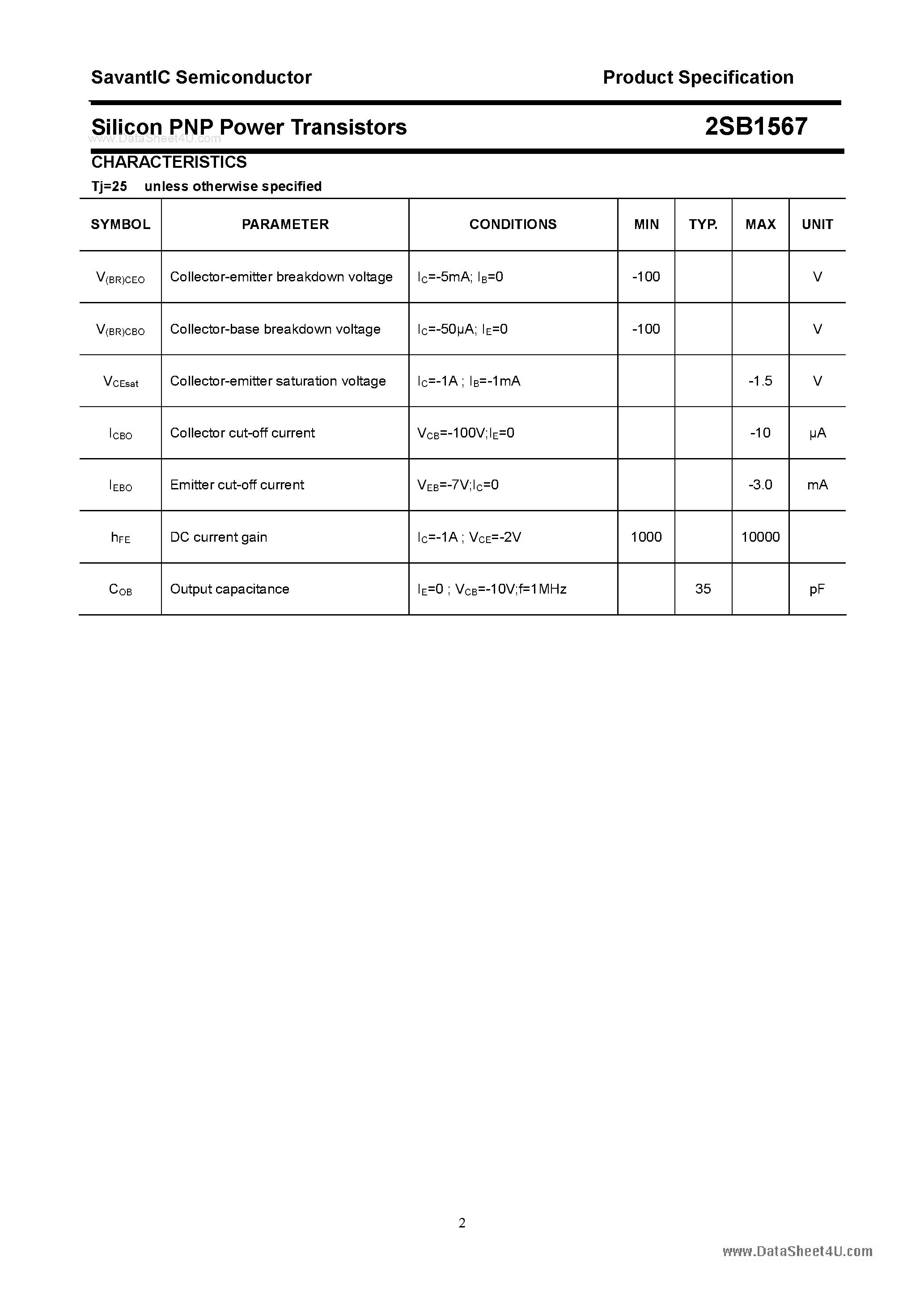 Datasheet 2SB1567 page 2 Datasheet 2SB1567 - SILICON POWER TRANSISTOR page 2