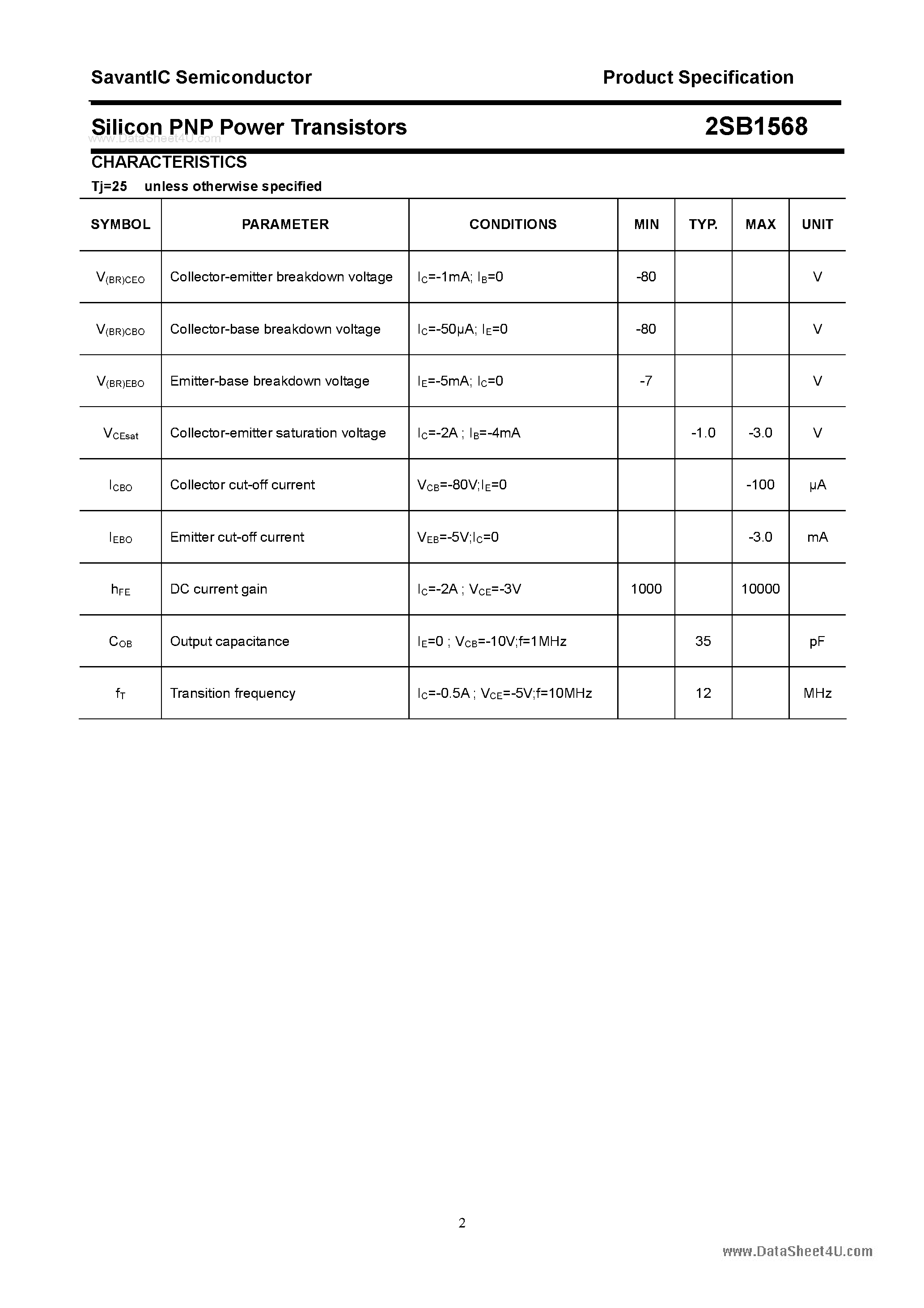 Datasheet 2SB1568 page 2 Datasheet 2SB1568 - SILICON POWER TRANSISTOR page 2