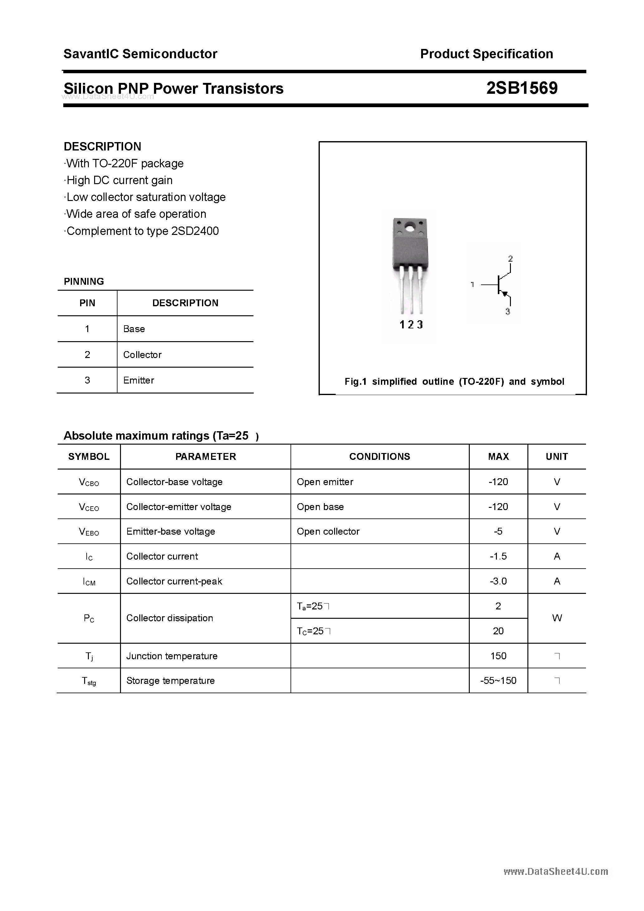 Datasheet 2SB1569 page 1 Datasheet 2SB1569 - SILICON POWER TRANSISTOR page 1