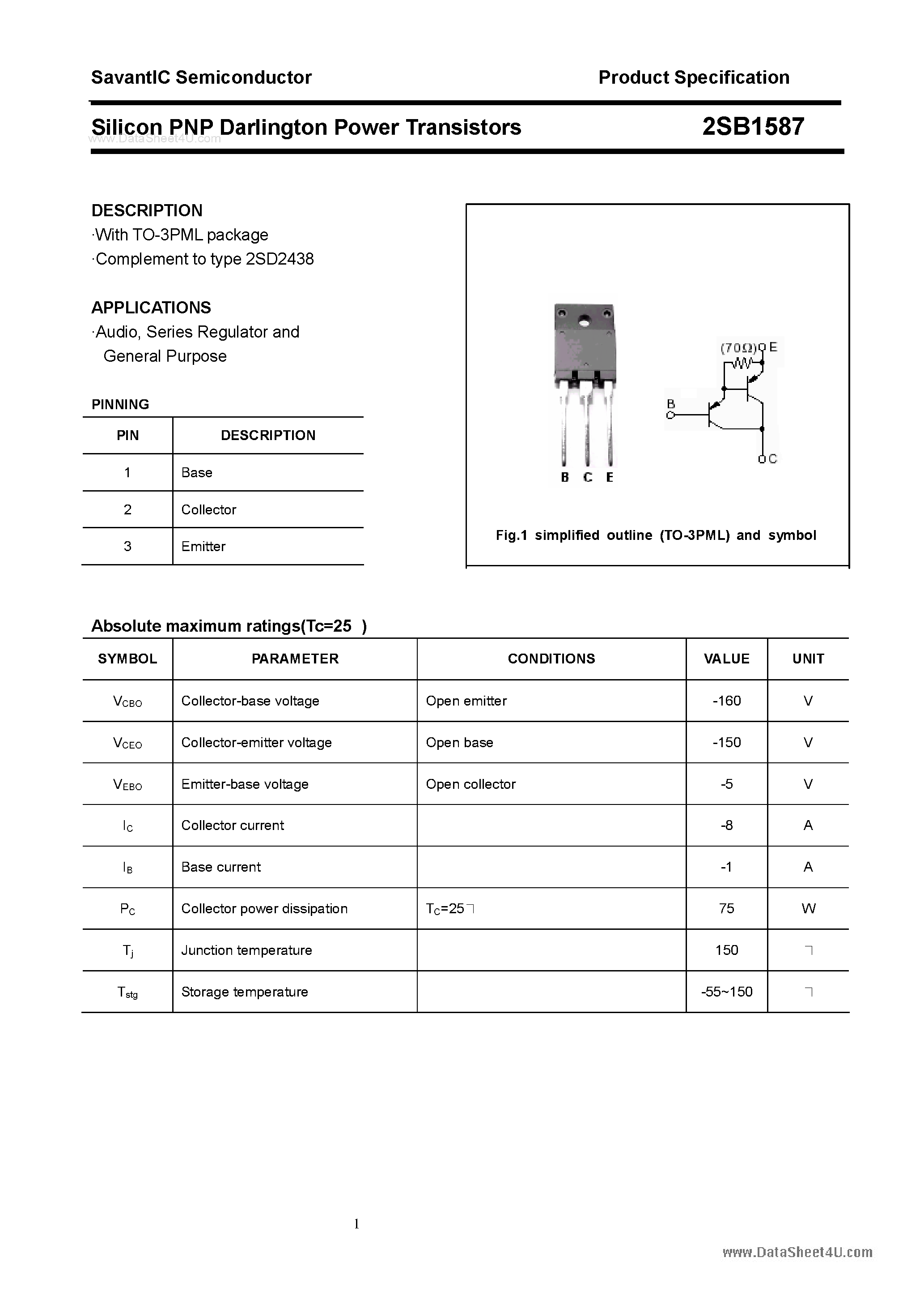 Datasheet 2SB1587 page 1 Datasheet 2SB1587 - SILICON POWER TRANSISTOR page 1