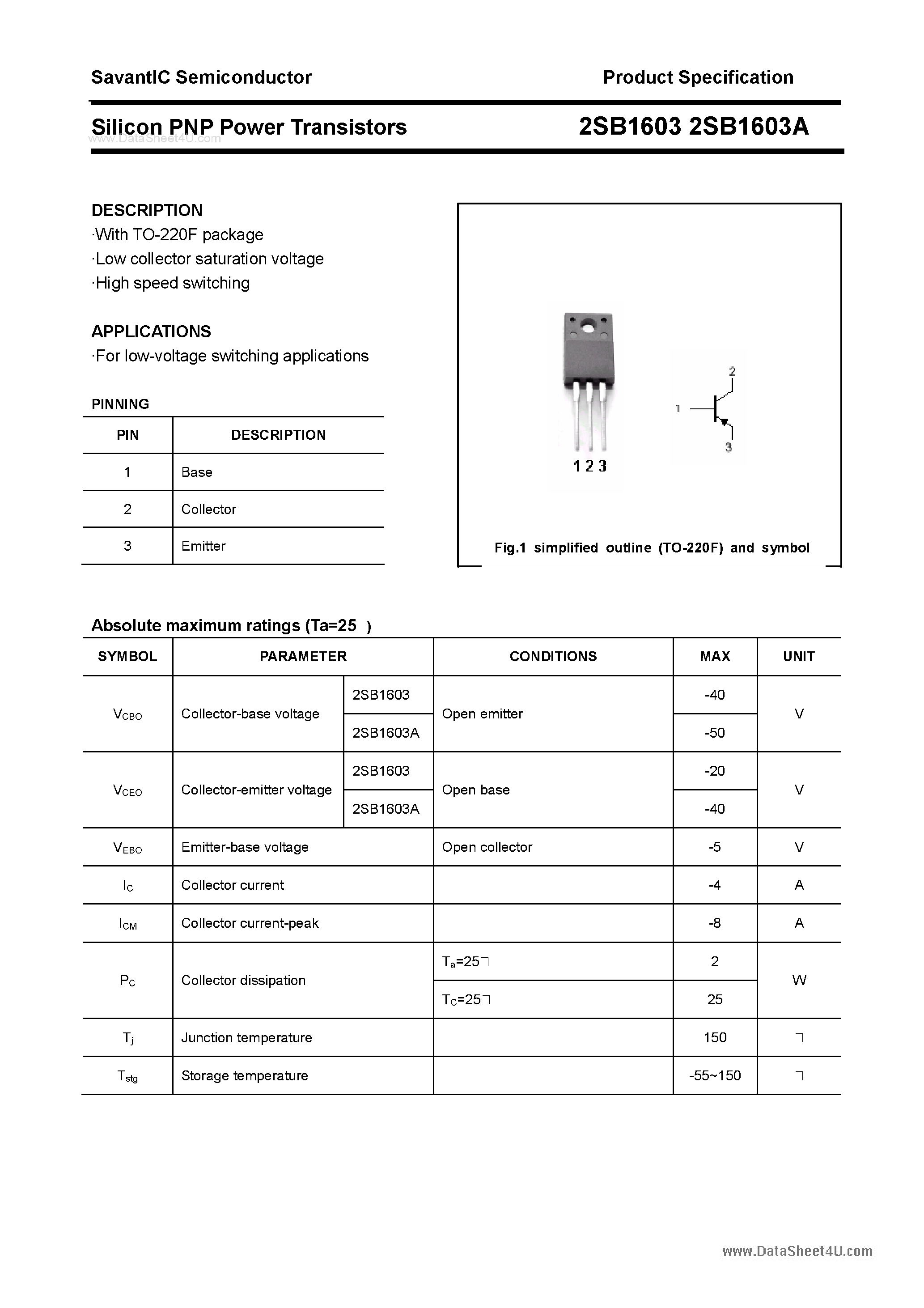 Datasheet 2SB1603 page 1 Datasheet 2SB1603 - SILICON POWER TRANSISTOR page 1