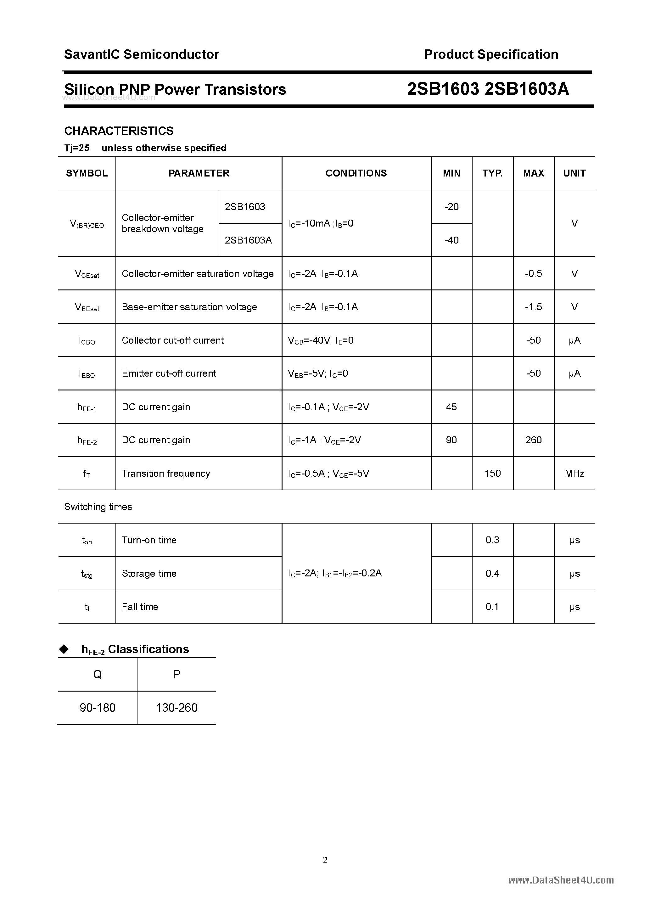 Datasheet 2SB1603 page 2 Datasheet 2SB1603 - SILICON POWER TRANSISTOR page 2
