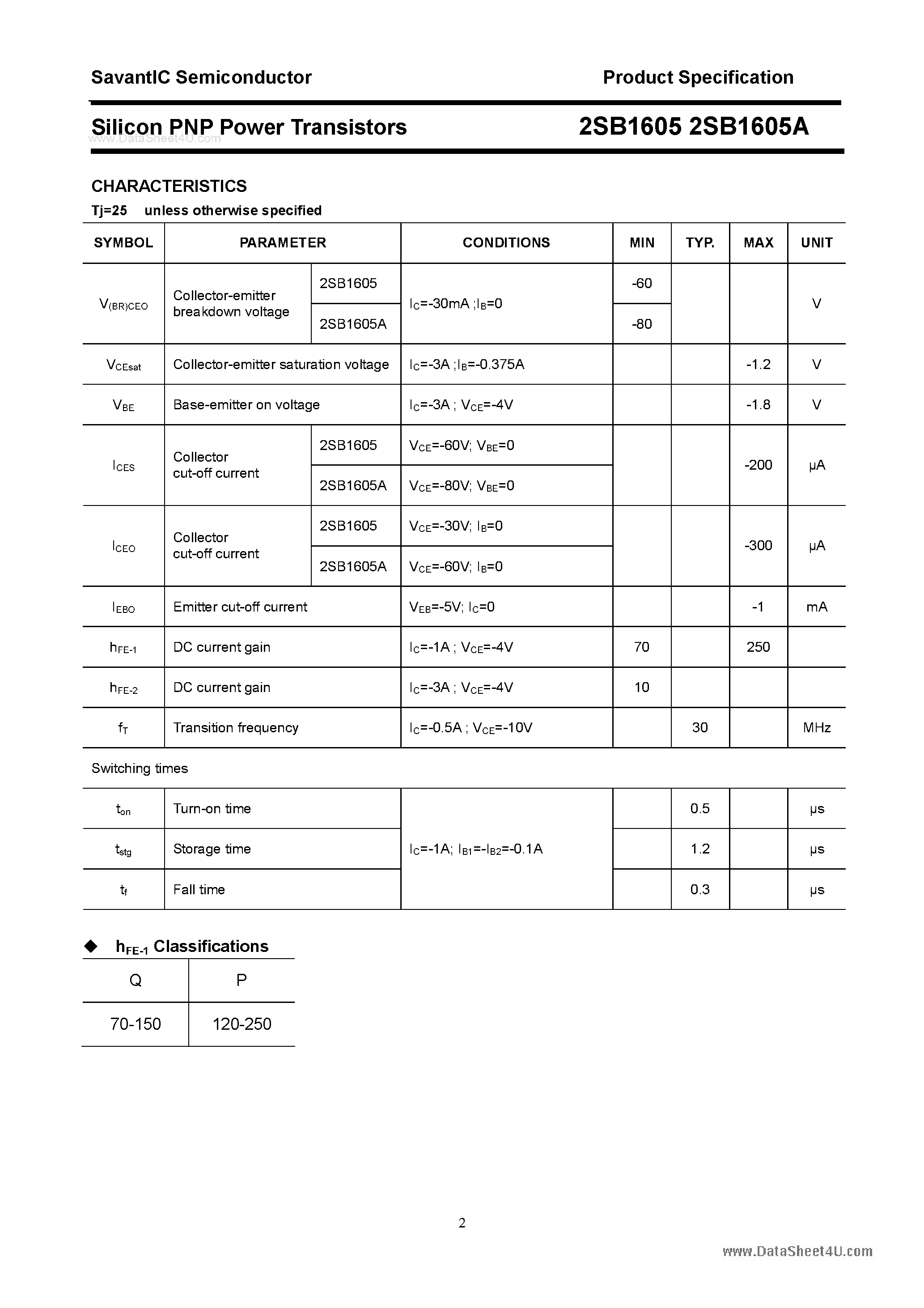 Datasheet 2SB1605 page 2 Datasheet 2SB1605 - SILICON POWER TRANSISTOR page 2