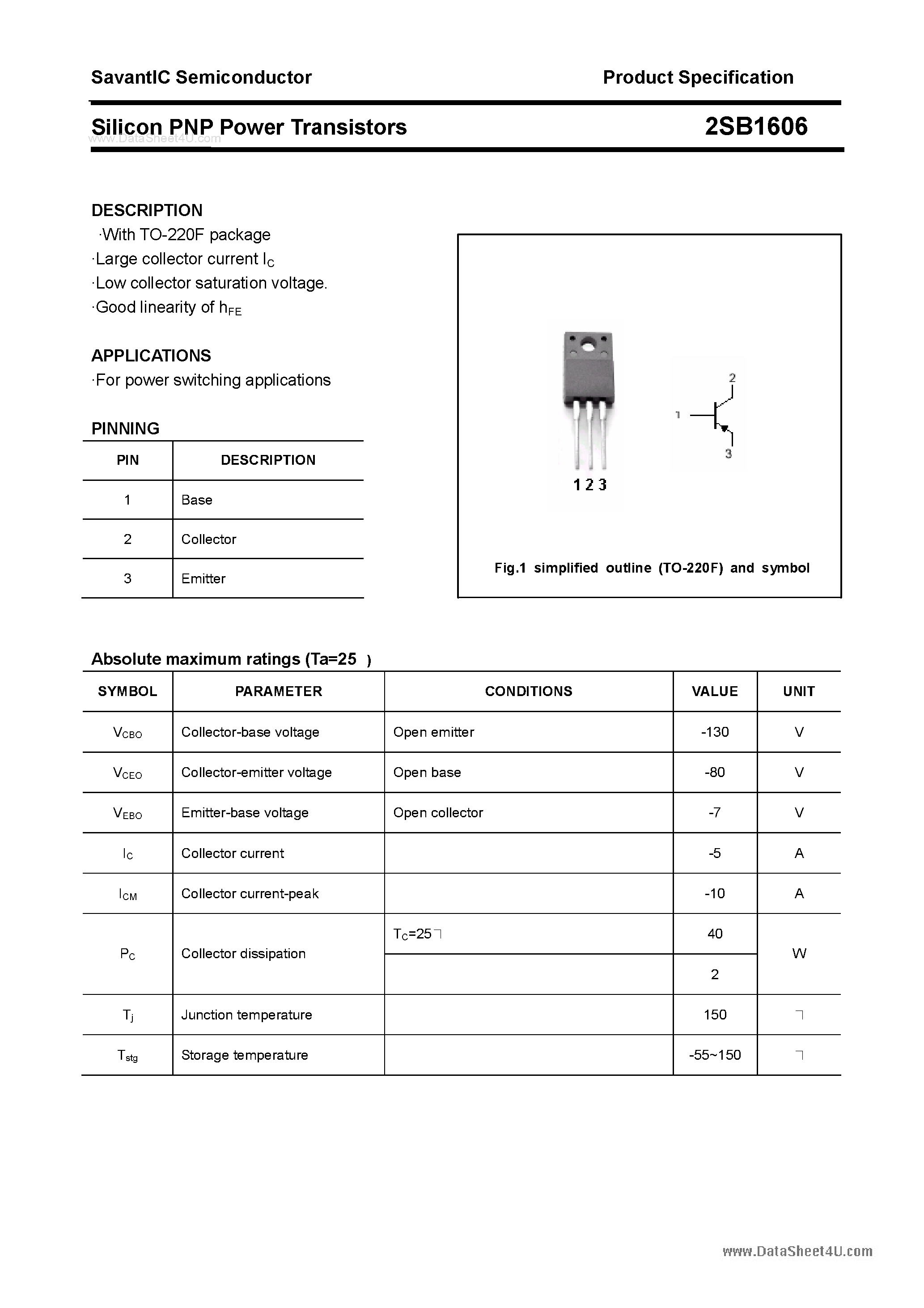 Datasheet 2SB1606 page 1 Datasheet 2SB1606 - SILICON POWER TRANSISTOR page 1