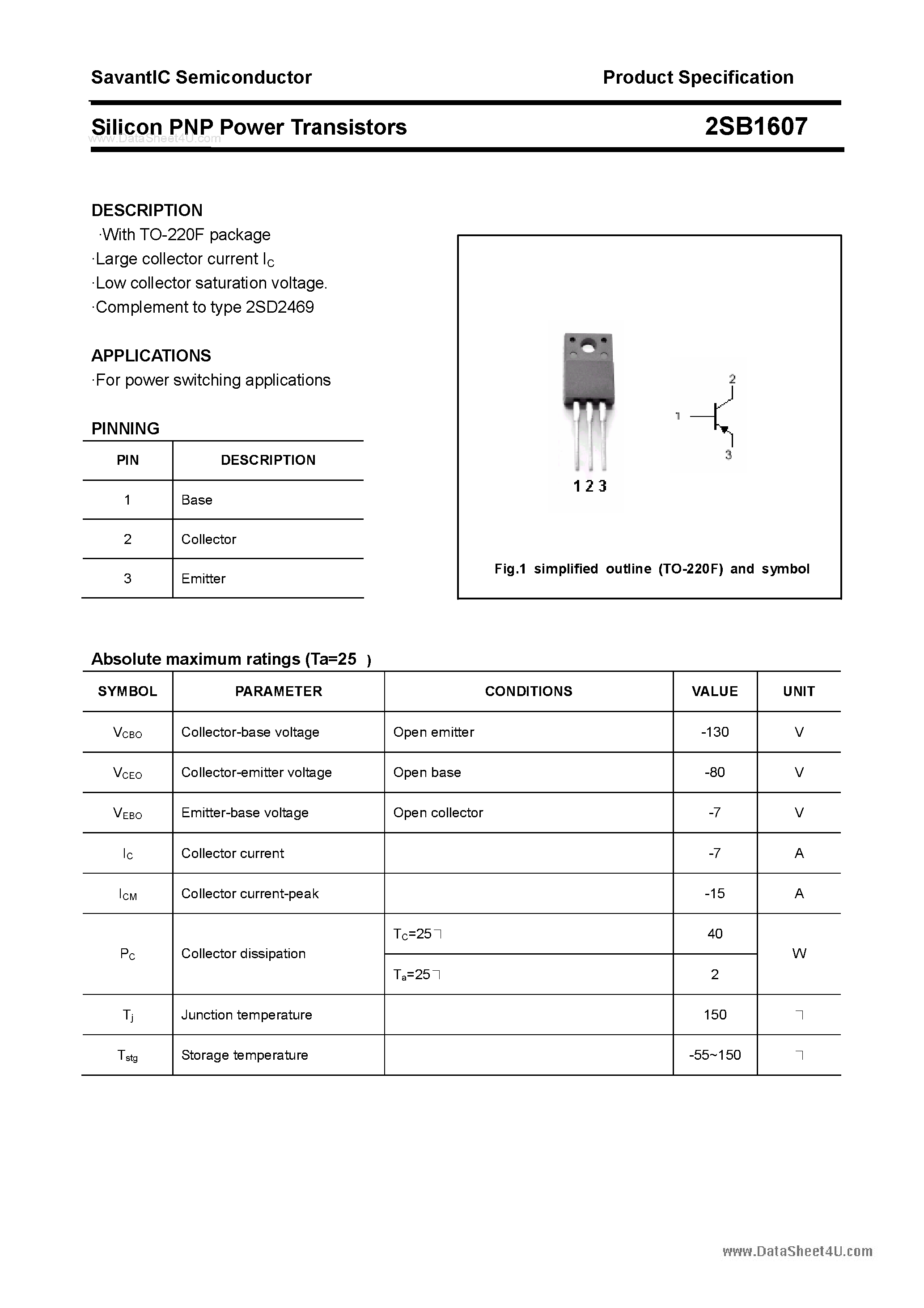 Datasheet 2SB1607 page 1 Datasheet 2SB1607 - SILICON POWER TRANSISTOR page 1