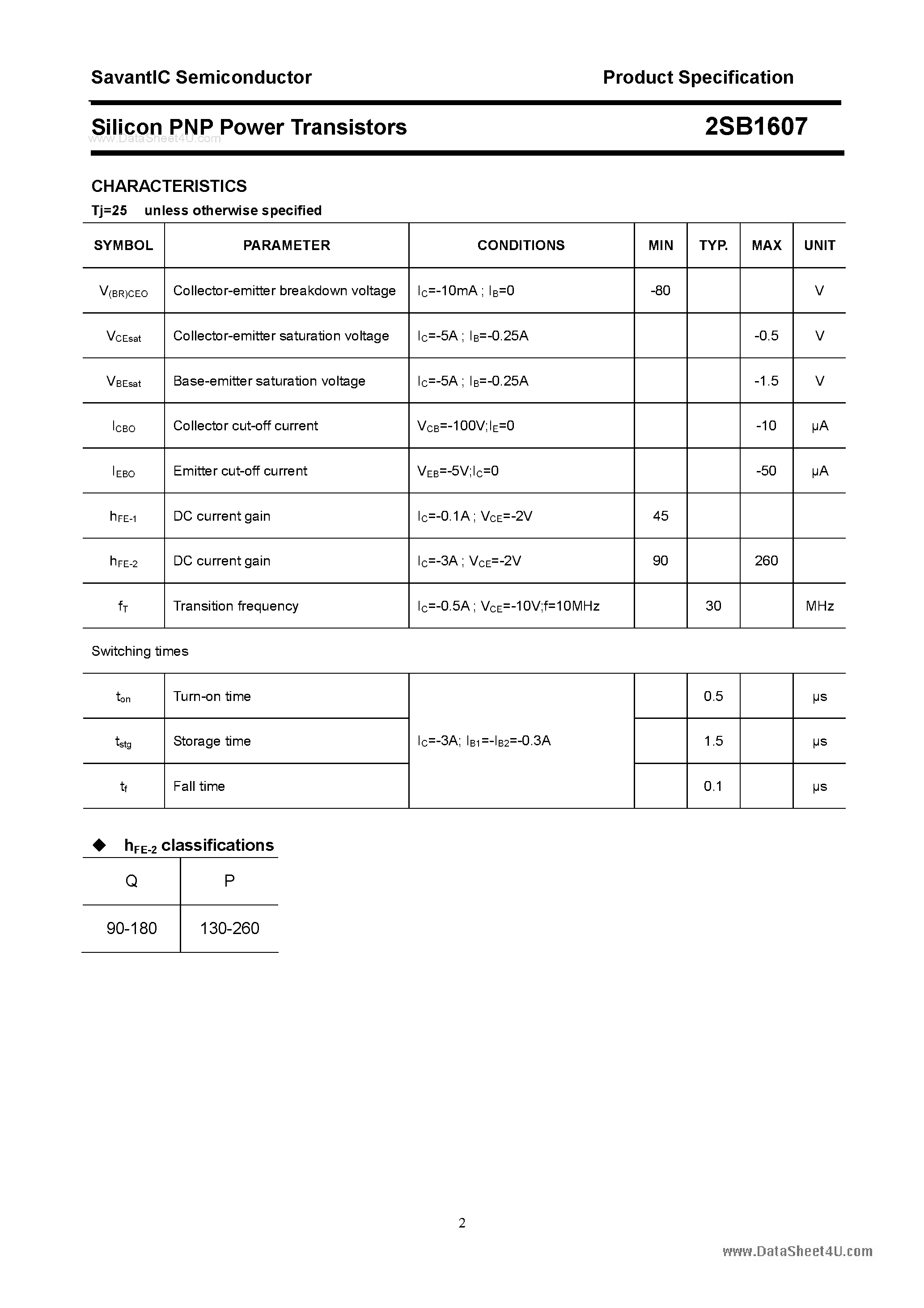 Datasheet 2SB1607 page 2 Datasheet 2SB1607 - SILICON POWER TRANSISTOR page 2