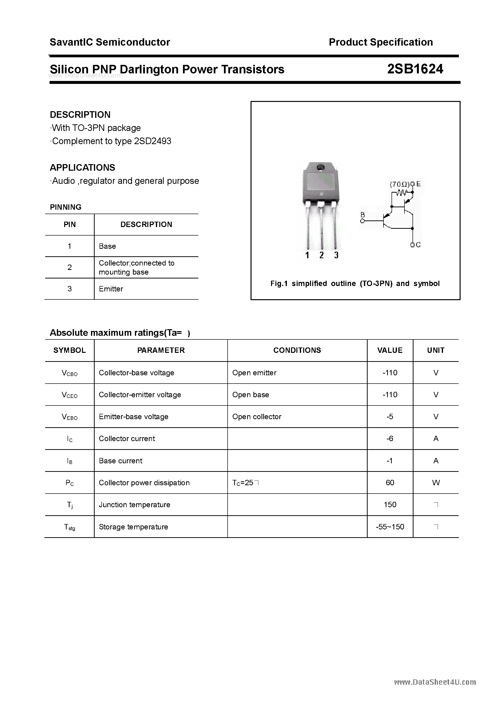 Datasheet 2SB1624 page 1 Datasheet 2SB1624 - SILICON POWER TRANSISTOR page 1