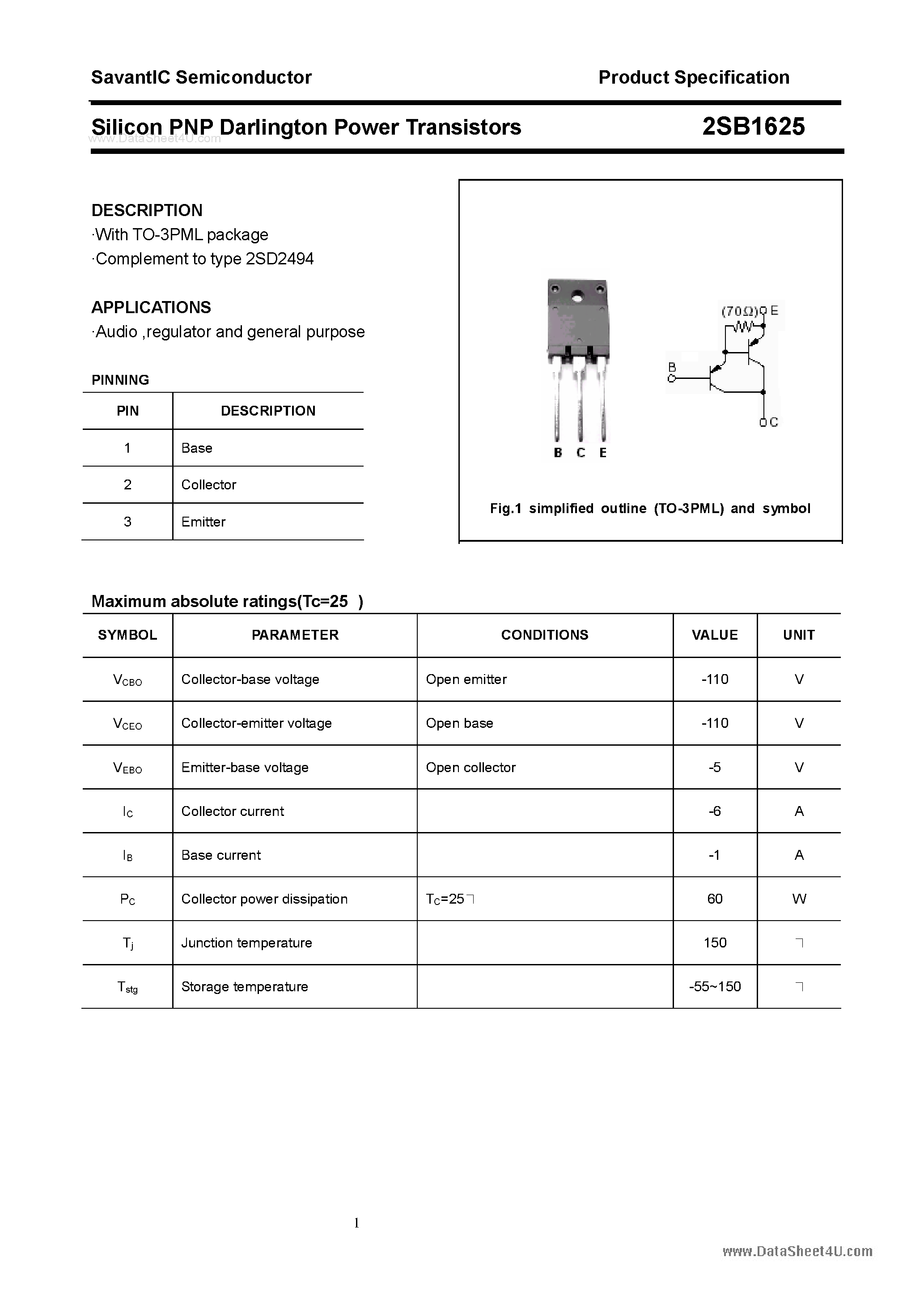 Datasheet 2SB1625 - SILICON POWER TRANSISTOR page 1