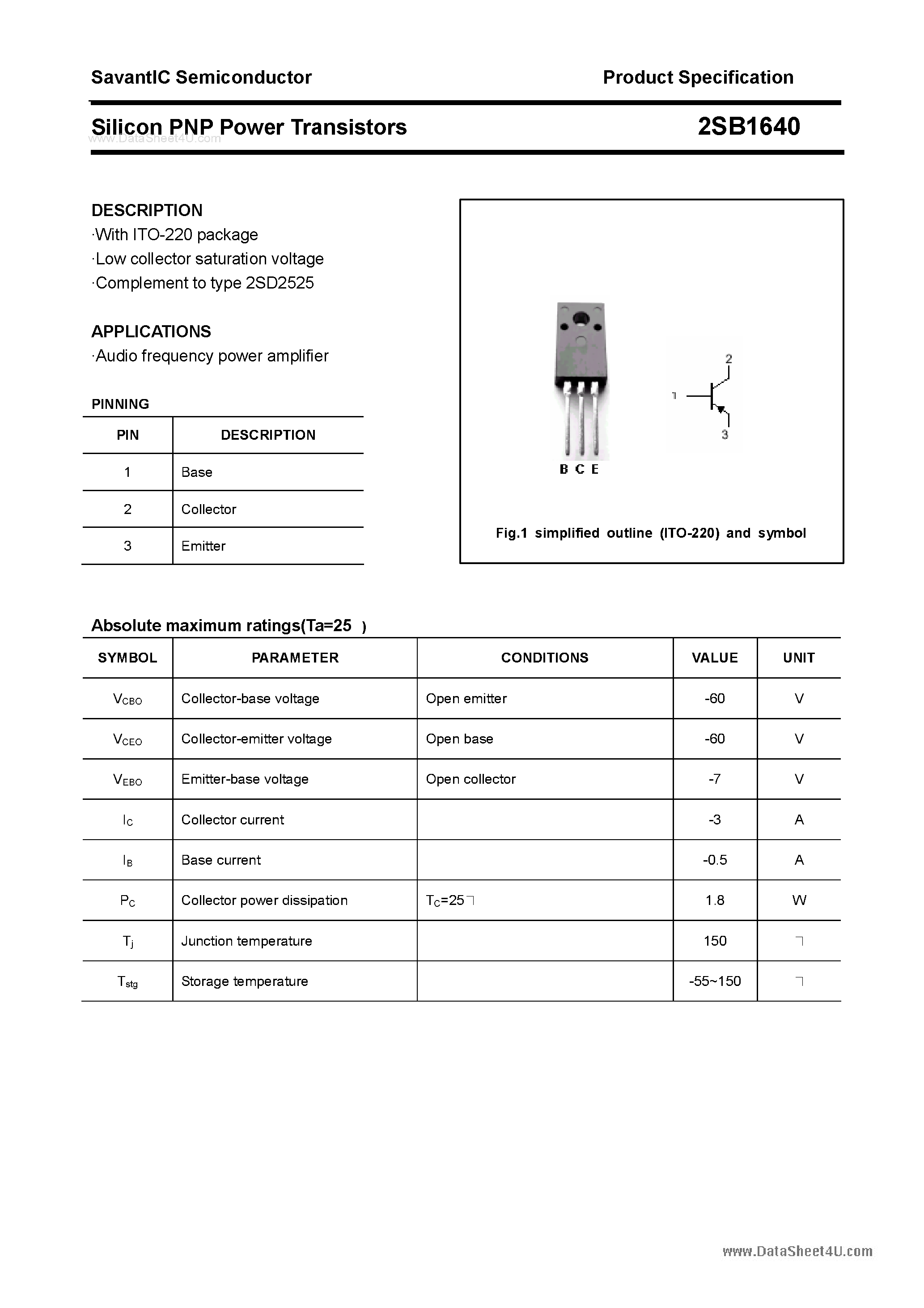 Datasheet 2SB1640 page 1 Datasheet 2SB1640 - SILICON POWER TRANSISTOR page 1