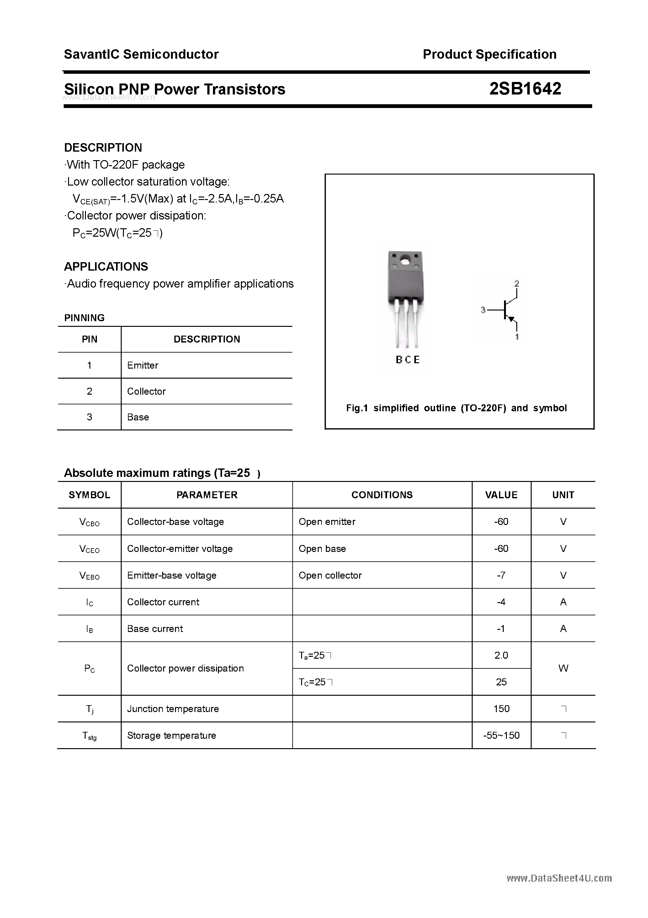 Datasheet 2SB1642 - SILICON POWER TRANSISTOR page 1