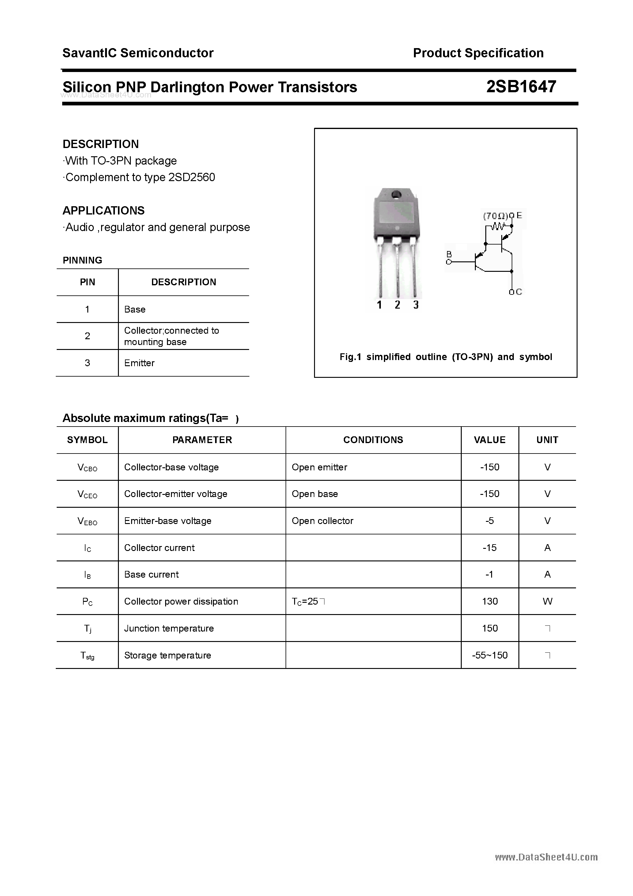 Datasheet 2SB1647 page 1 Datasheet 2SB1647 - SILICON POWER TRANSISTOR page 1