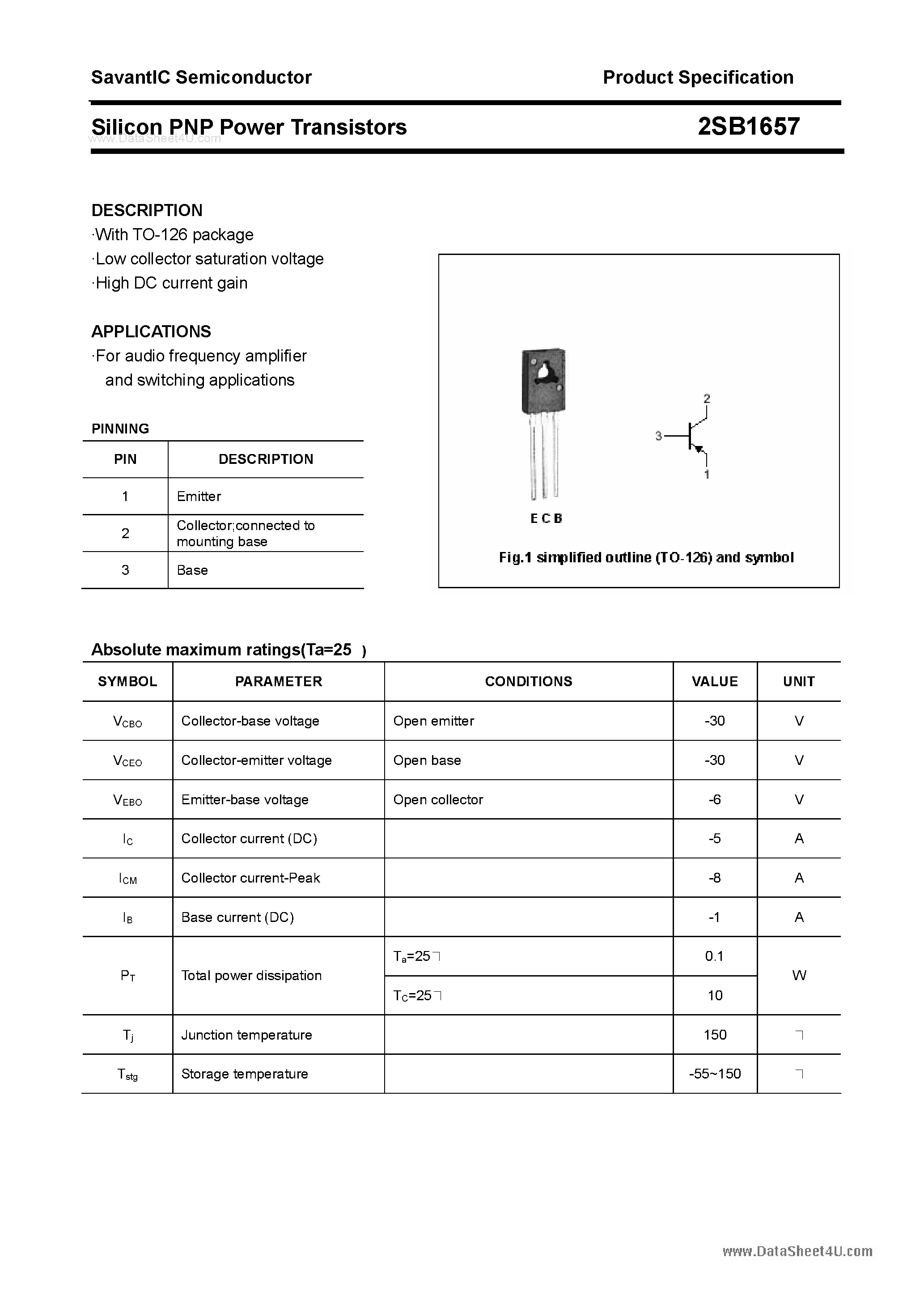 Datasheet 2SB1657 page 1 Datasheet 2SB1657 - SILICON POWER TRANSISTOR page 1