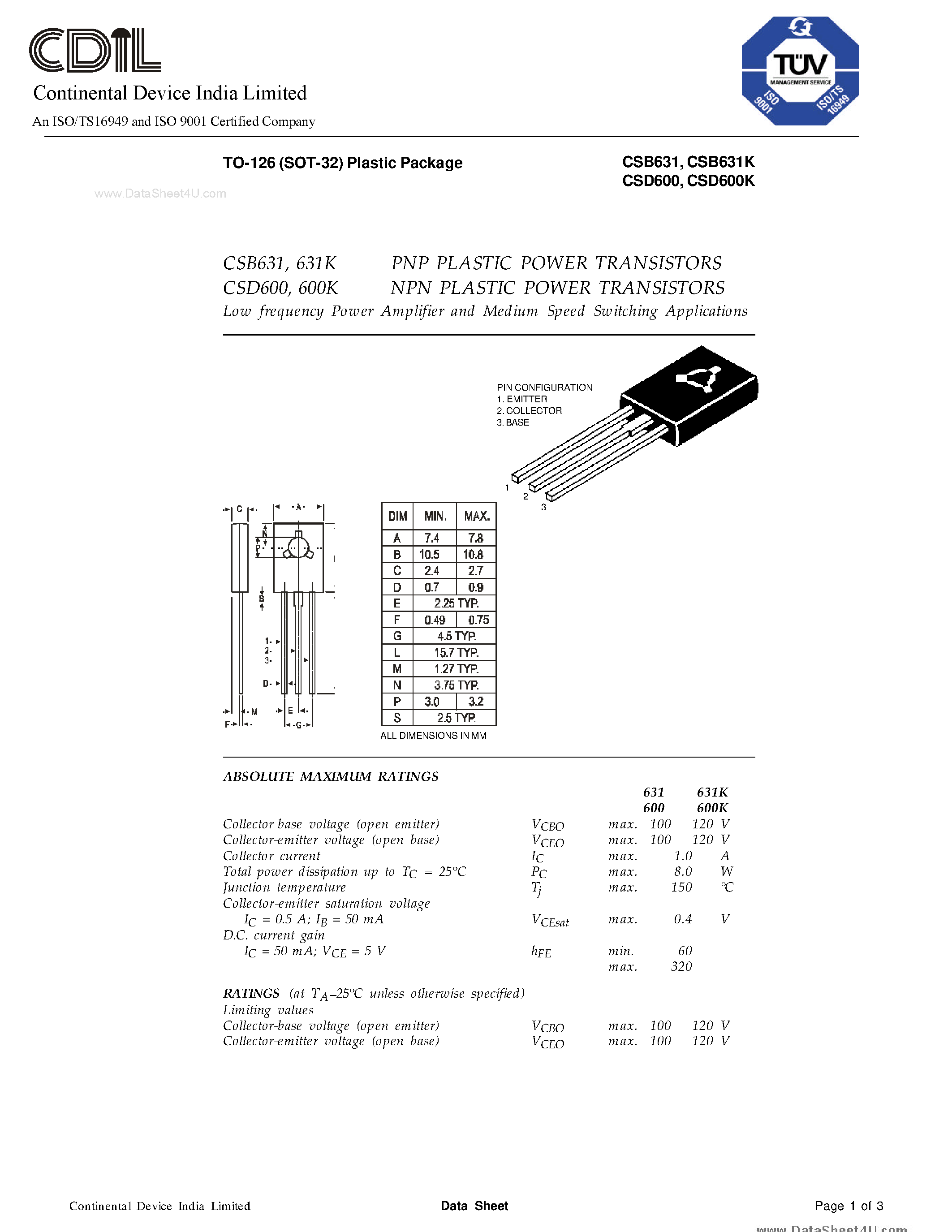 Даташит CSB631 - PNP PLASTIC POWER TRANSISTORS страница 1