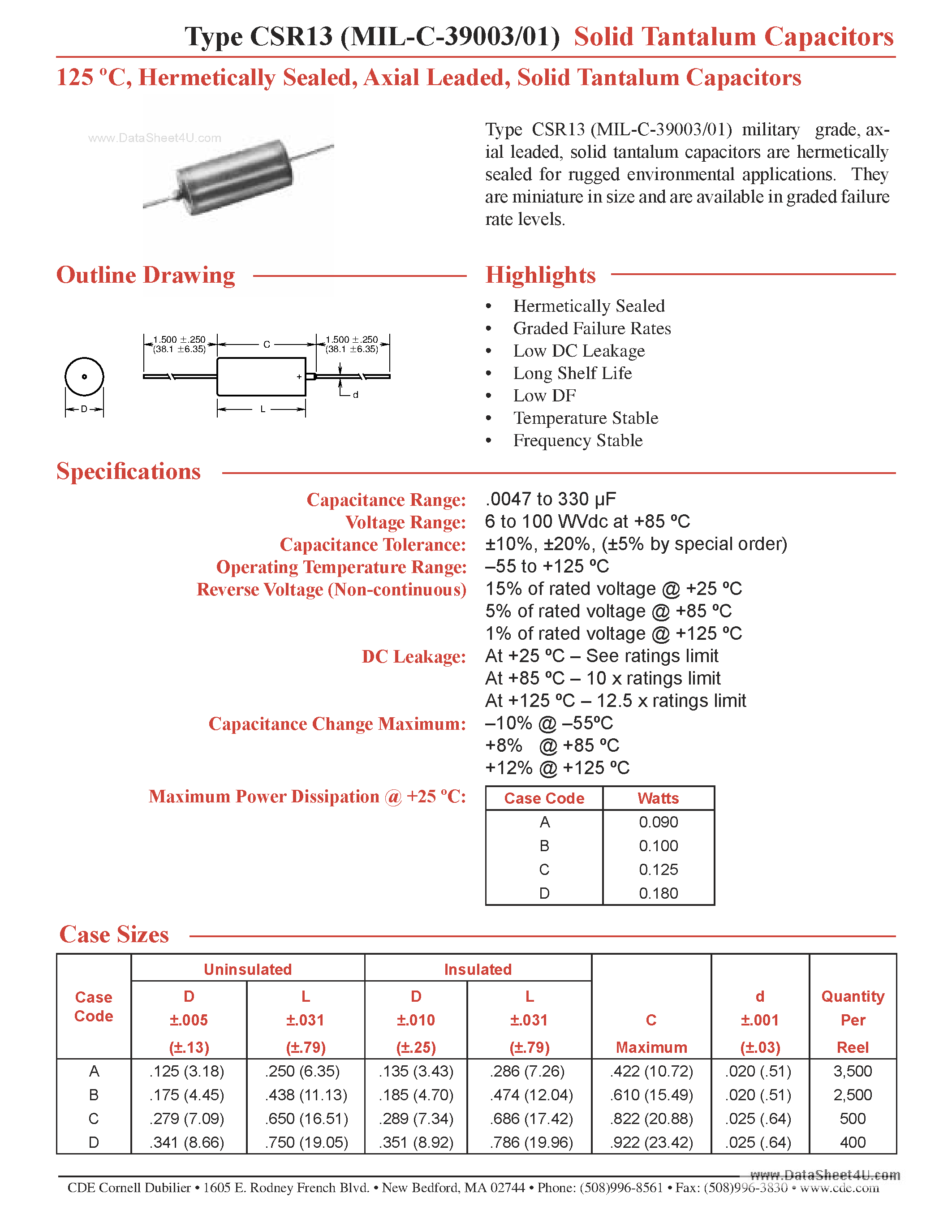 Datasheet CSR13 page 1 Datasheet CSR13 - Solid Tantalum Capacitors page 1