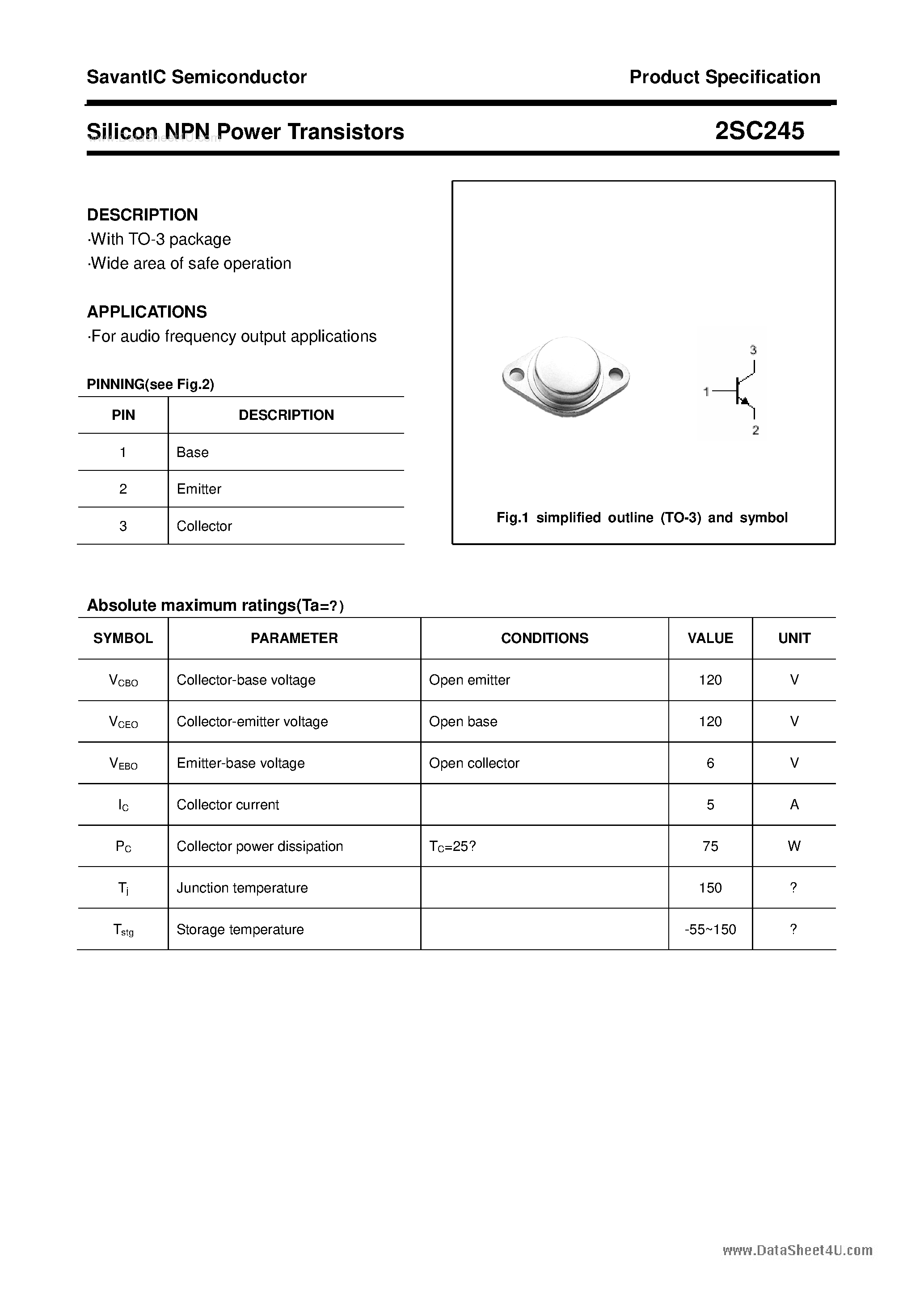 Datasheet 2SC245 - SILICON POWER TRANSISTOR page 1