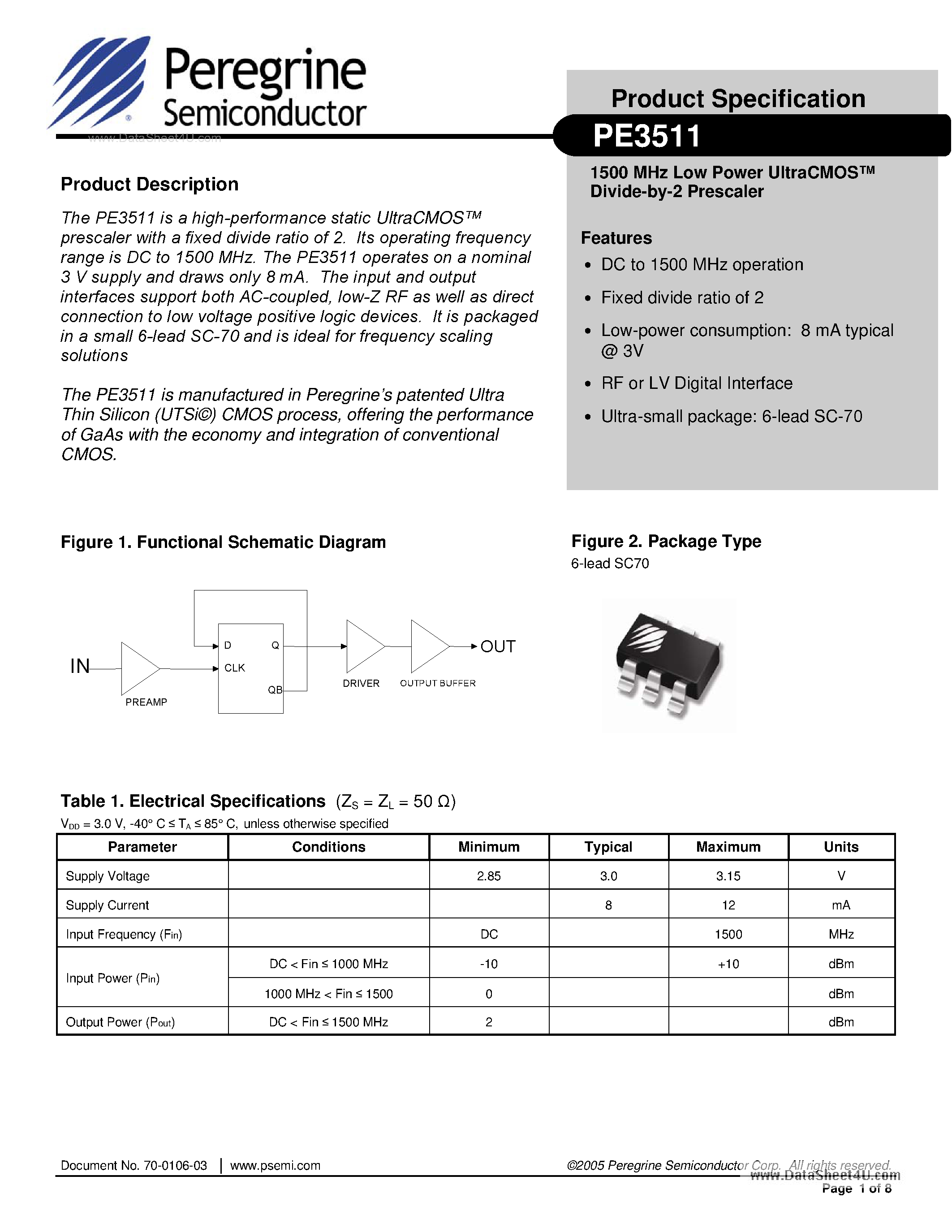 Datasheet PE3511 - 1500 MHz Low Power UltraCMOS Divide-by-2 Prescaler page 1
