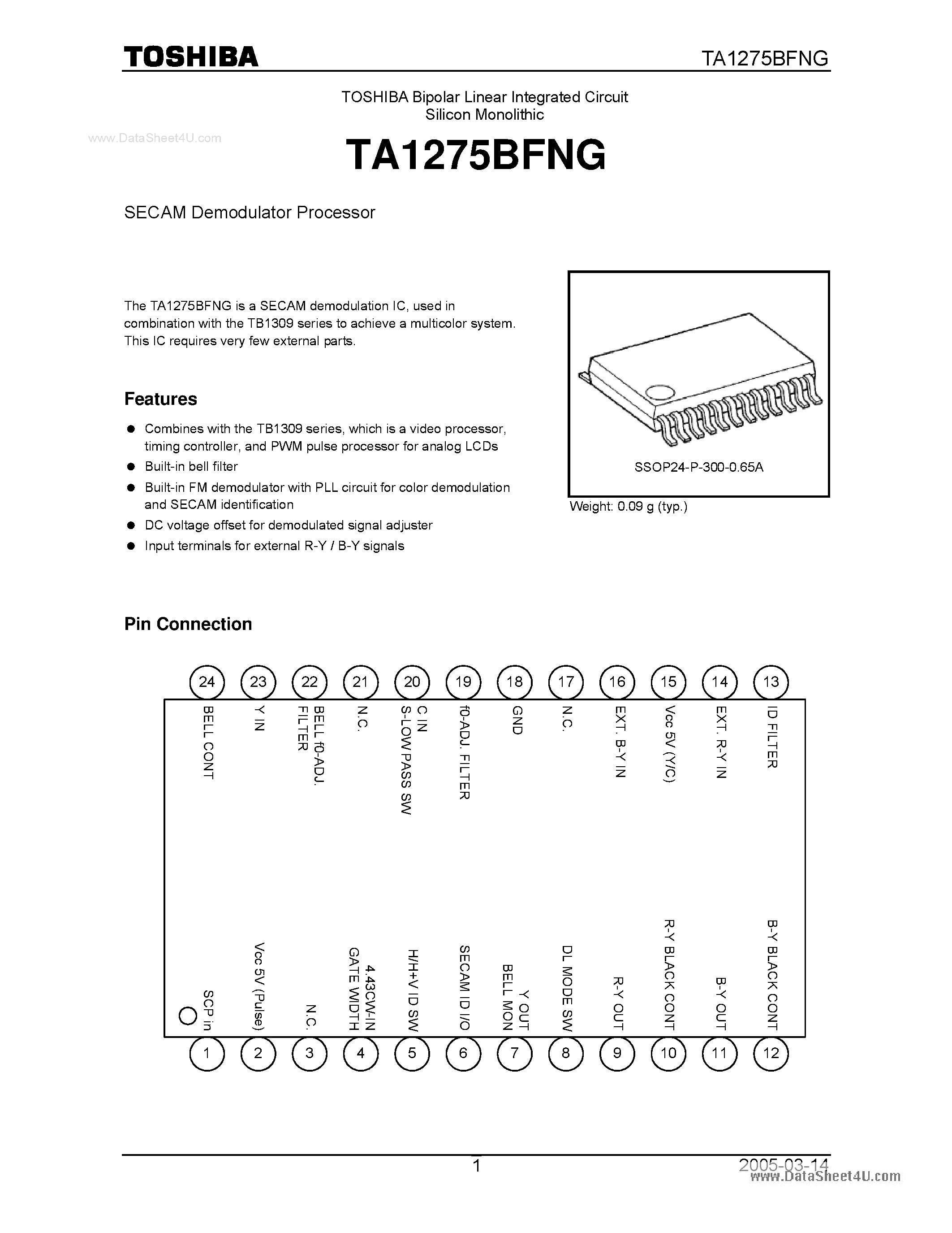 Даташит на микросхему TA1275BFNG страница 1 Даташит TA1275BFNG - SECAM Demodulator Processor страница 1