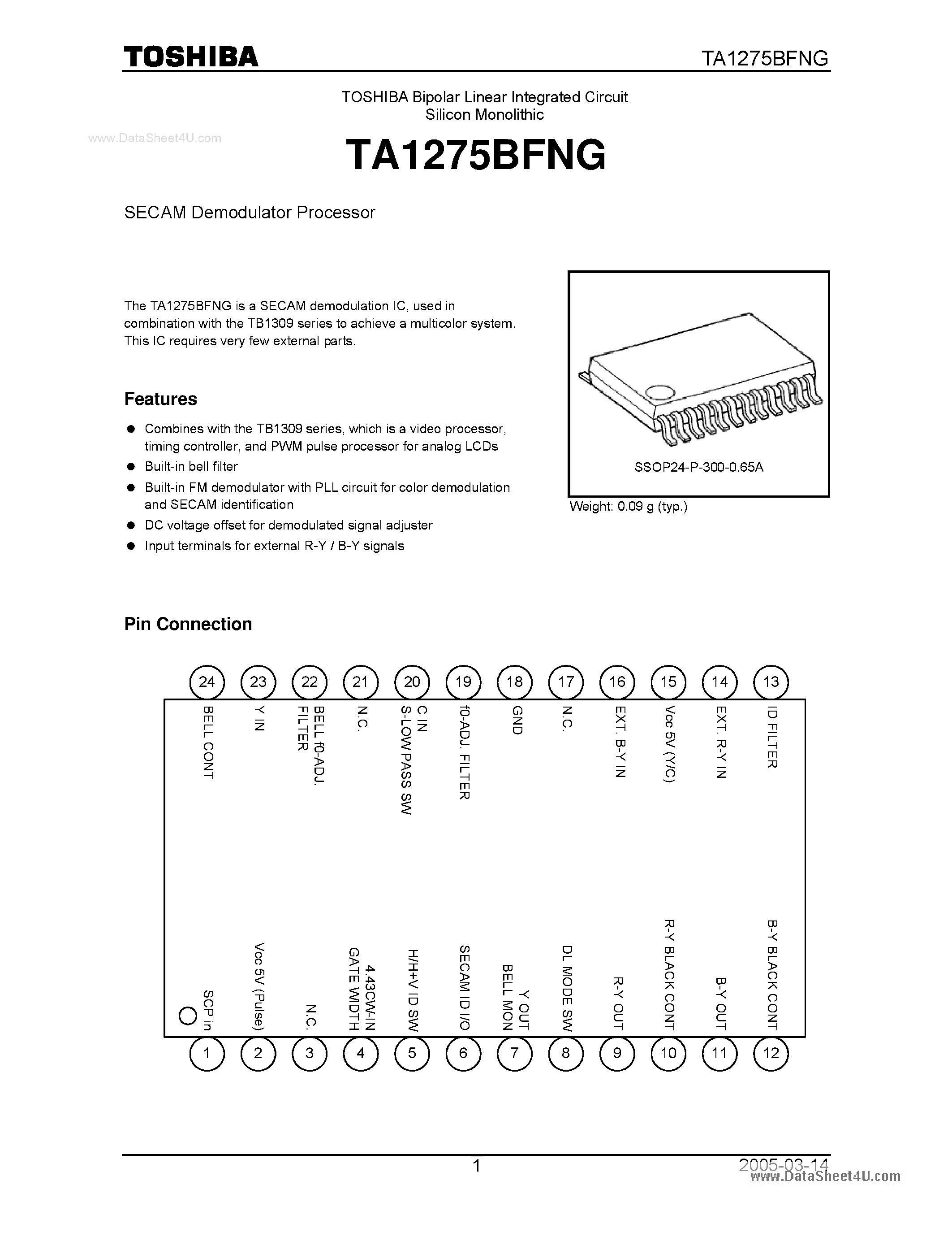 Datasheet TA1275BFNG - SECAM Demodulator Processor page 1