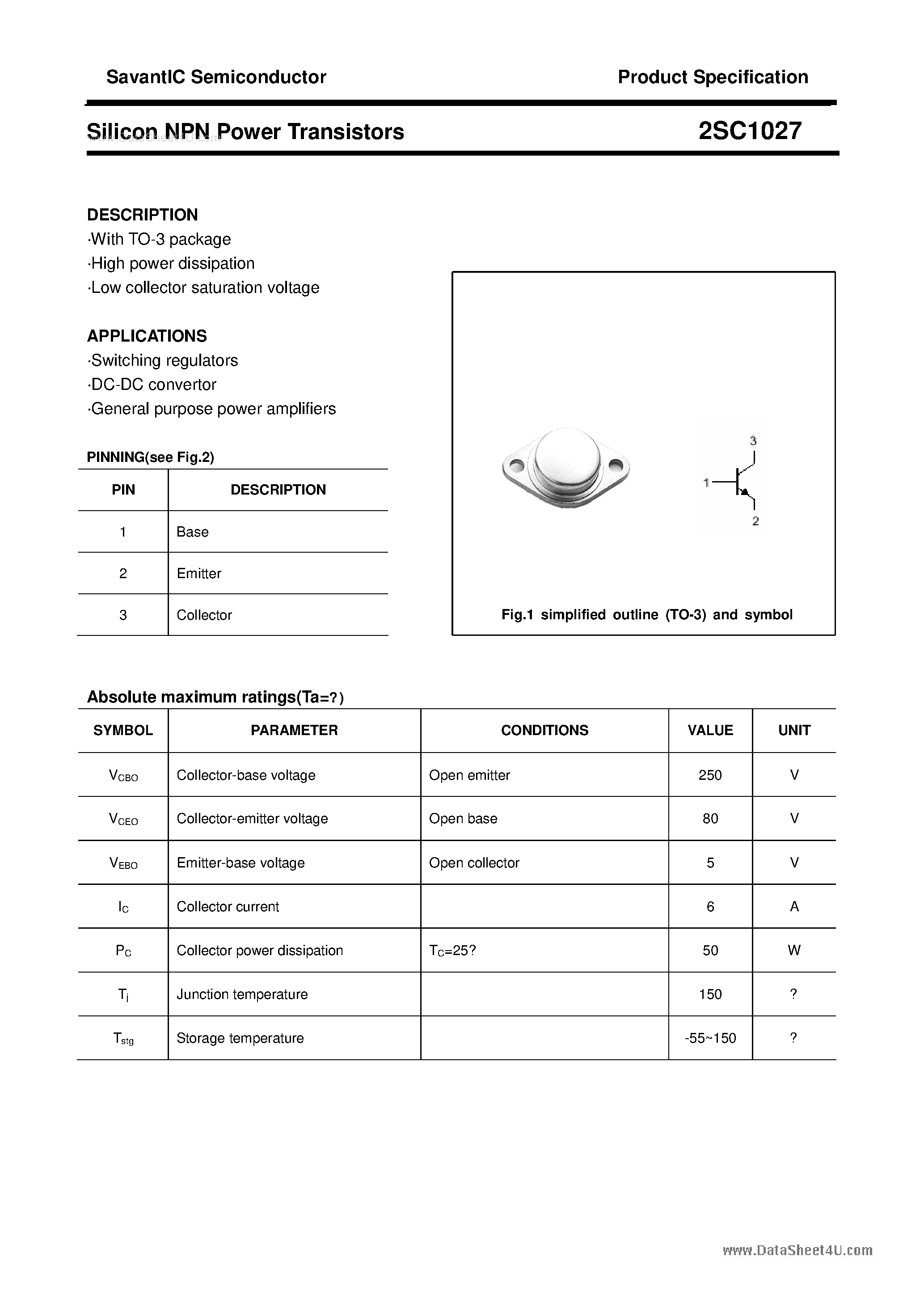 Даташит на микросхему 2SC1027 страница 1 Даташит 2SC1027 - SILICON POWER TRANSISTOR страница 1