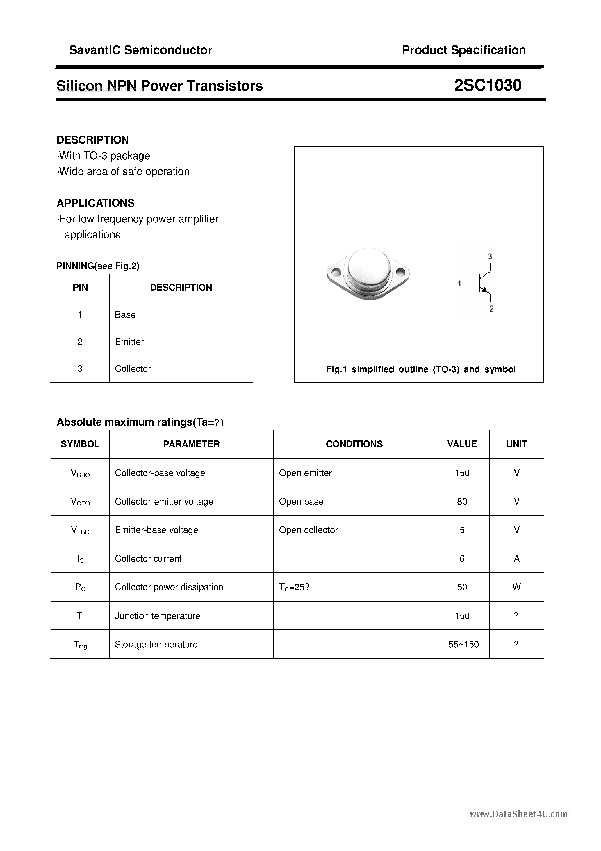 Даташит на микросхему 2SC1030 страница 1 Даташит 2SC1030 - SILICON POWER TRANSISTOR страница 1