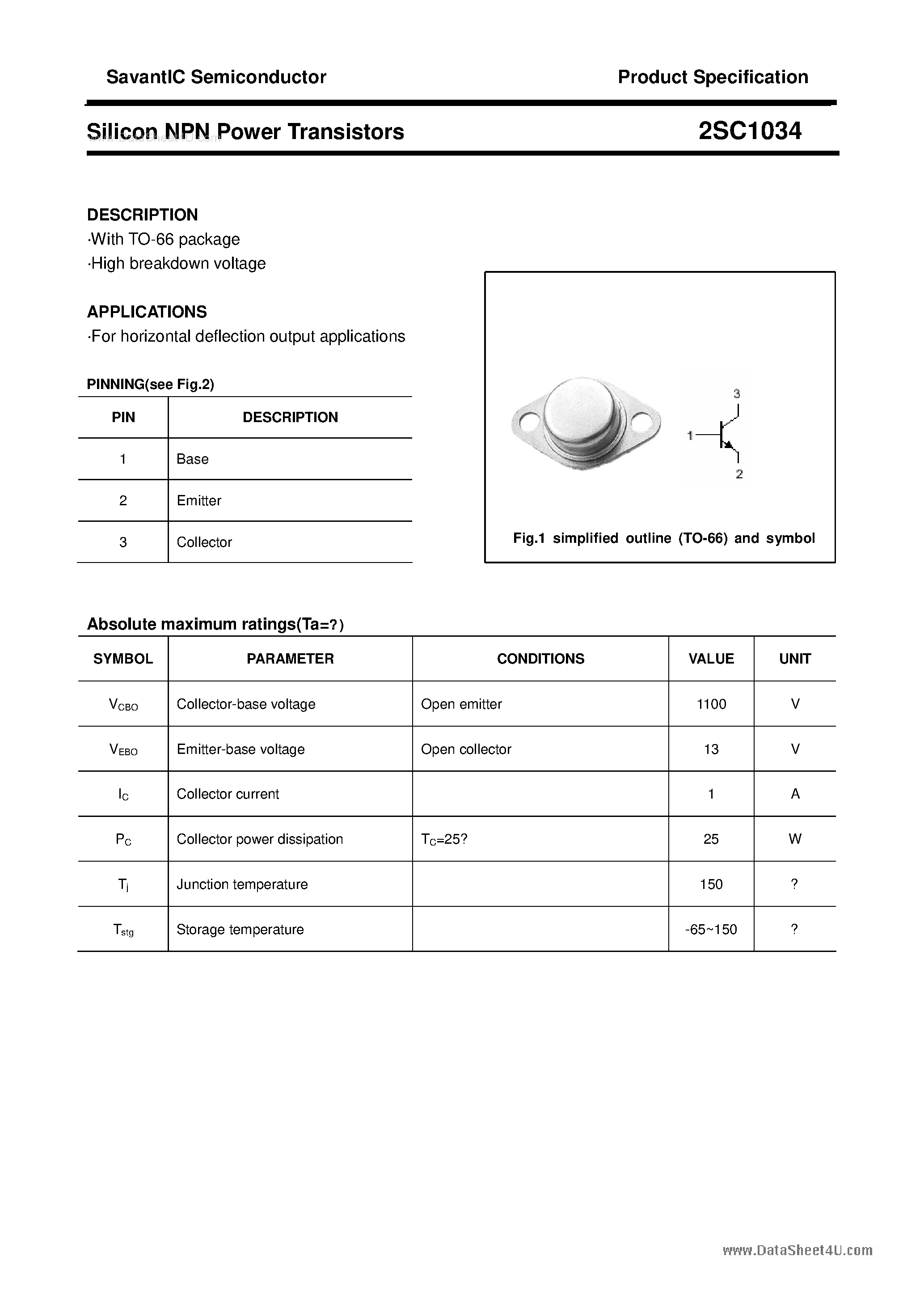 Даташит 2SC1034 - SILICON POWER TRANSISTOR страница 1