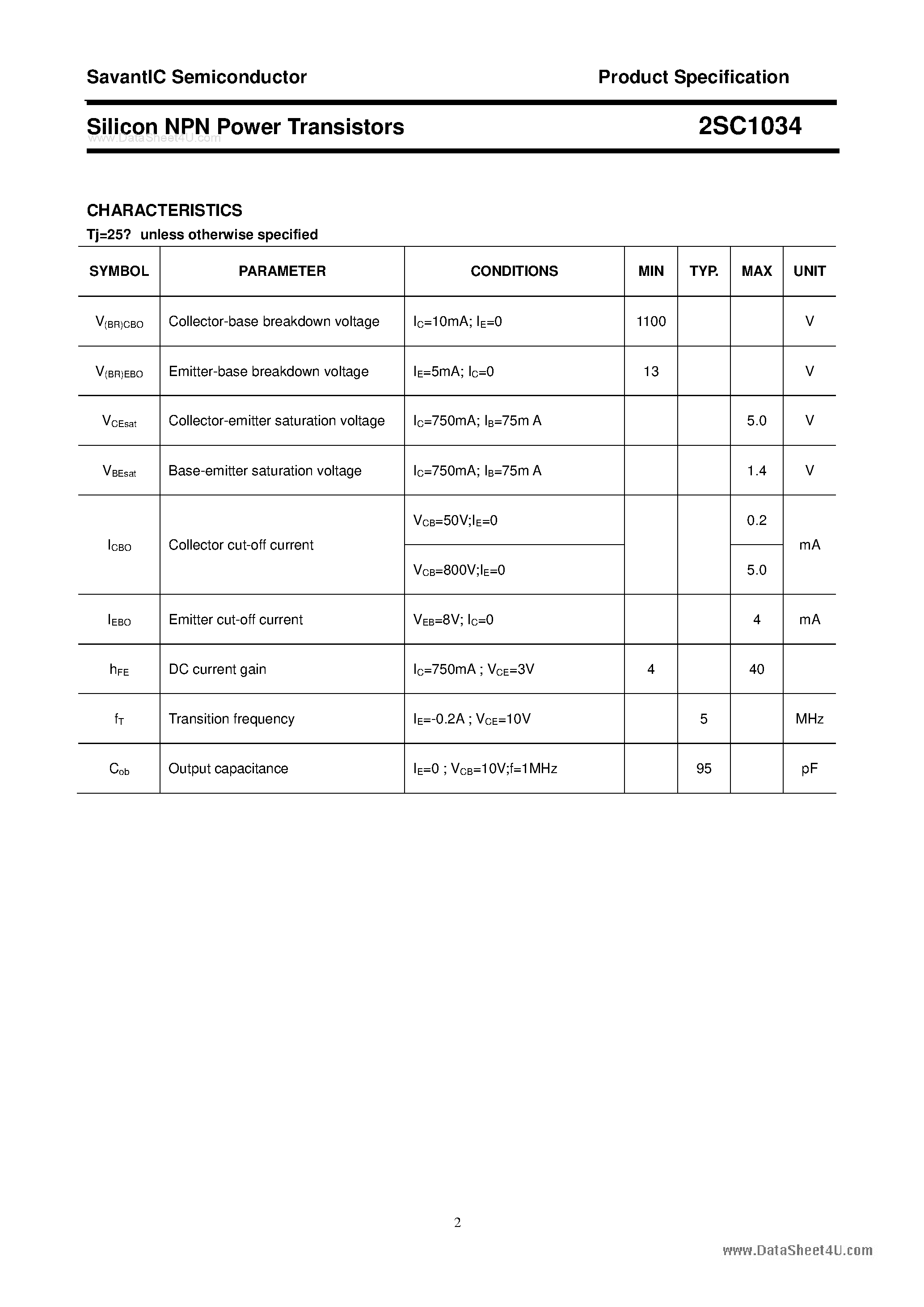 Даташит 2SC1034 - SILICON POWER TRANSISTOR страница 2