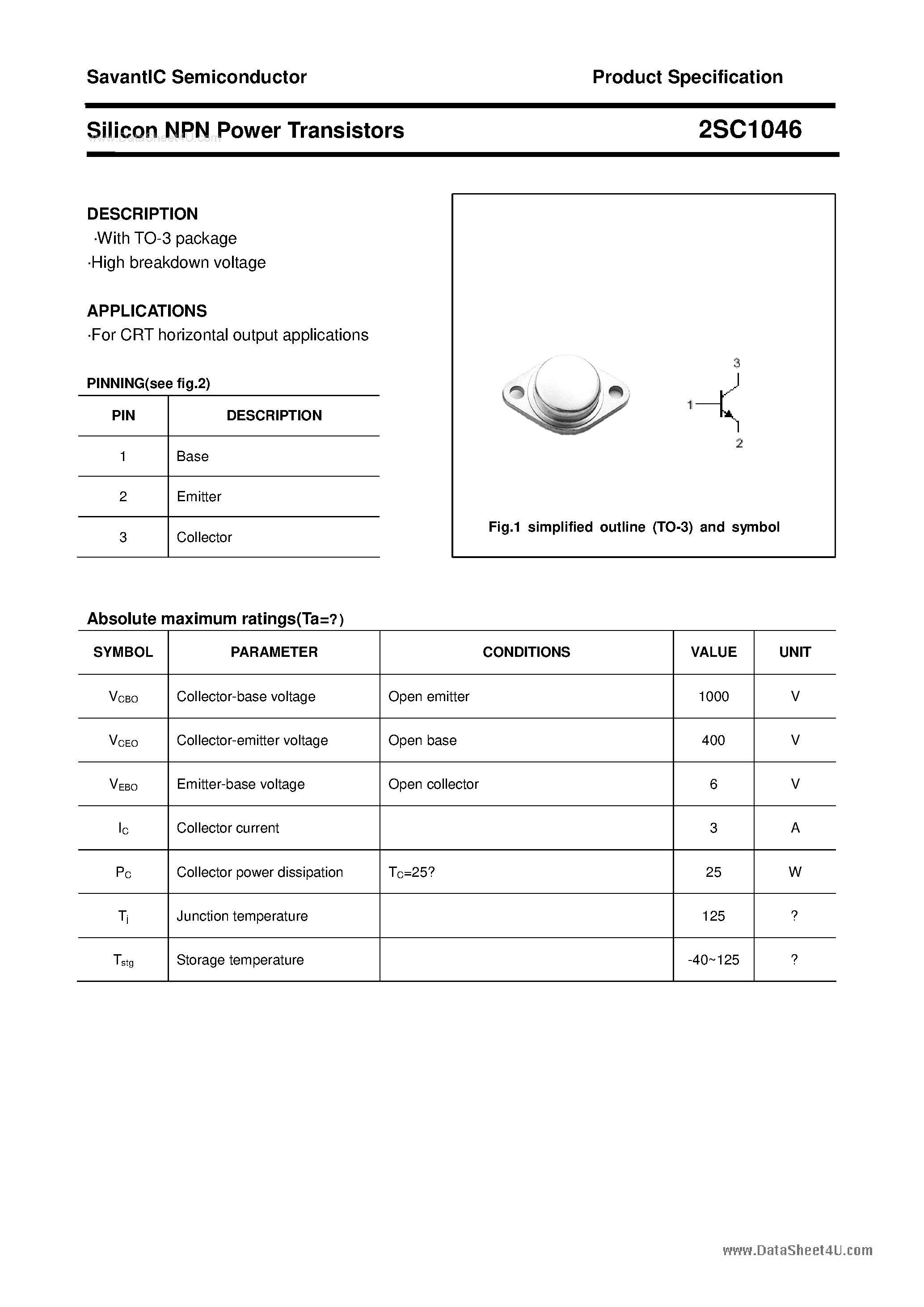 Даташит 2SC1046 - SILICON POWER TRANSISTOR страница 1