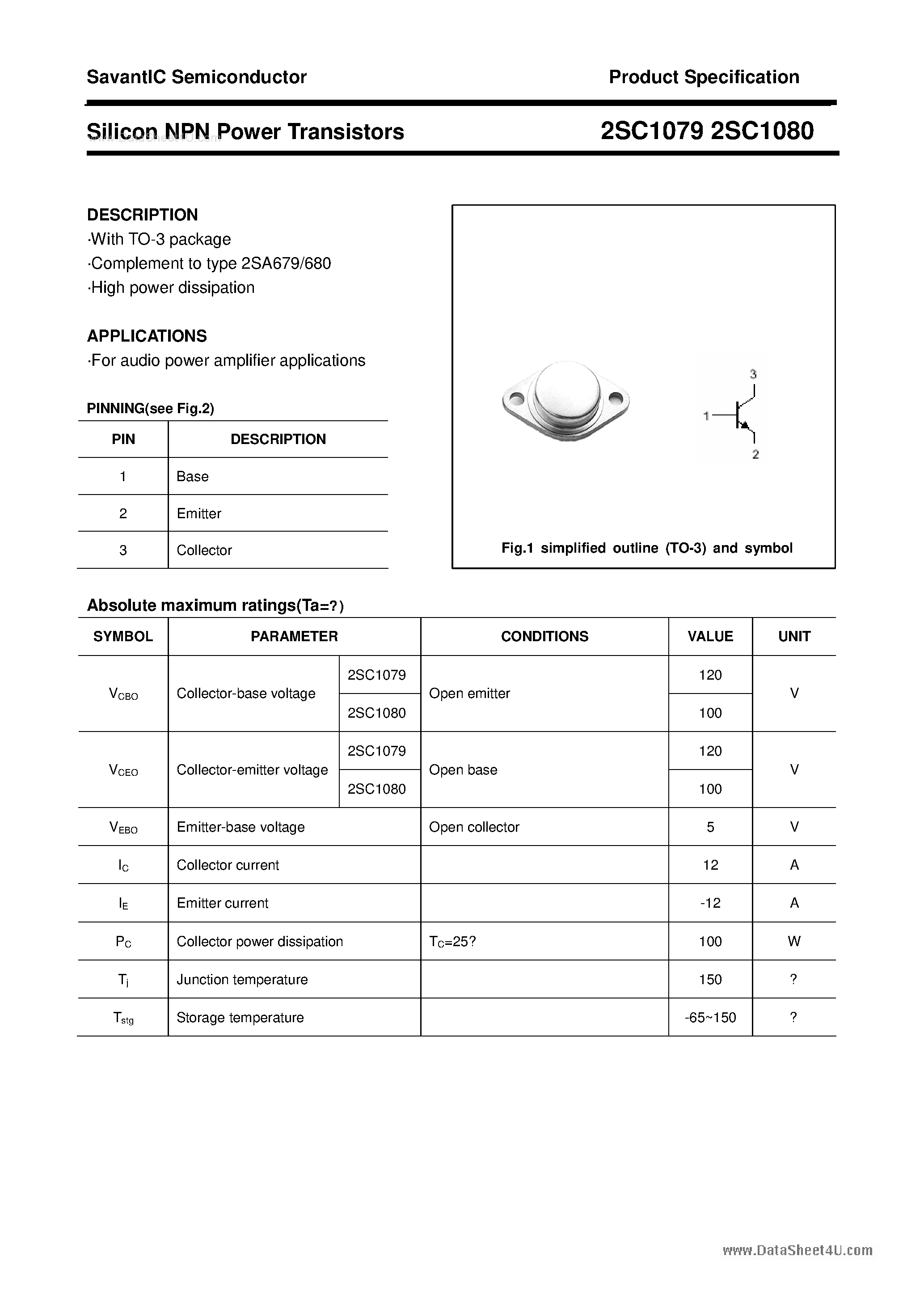 Даташит 2SC1079 - (2SC1079 / 2SC1080) SILICON POWER TRANSISTOR страница 1