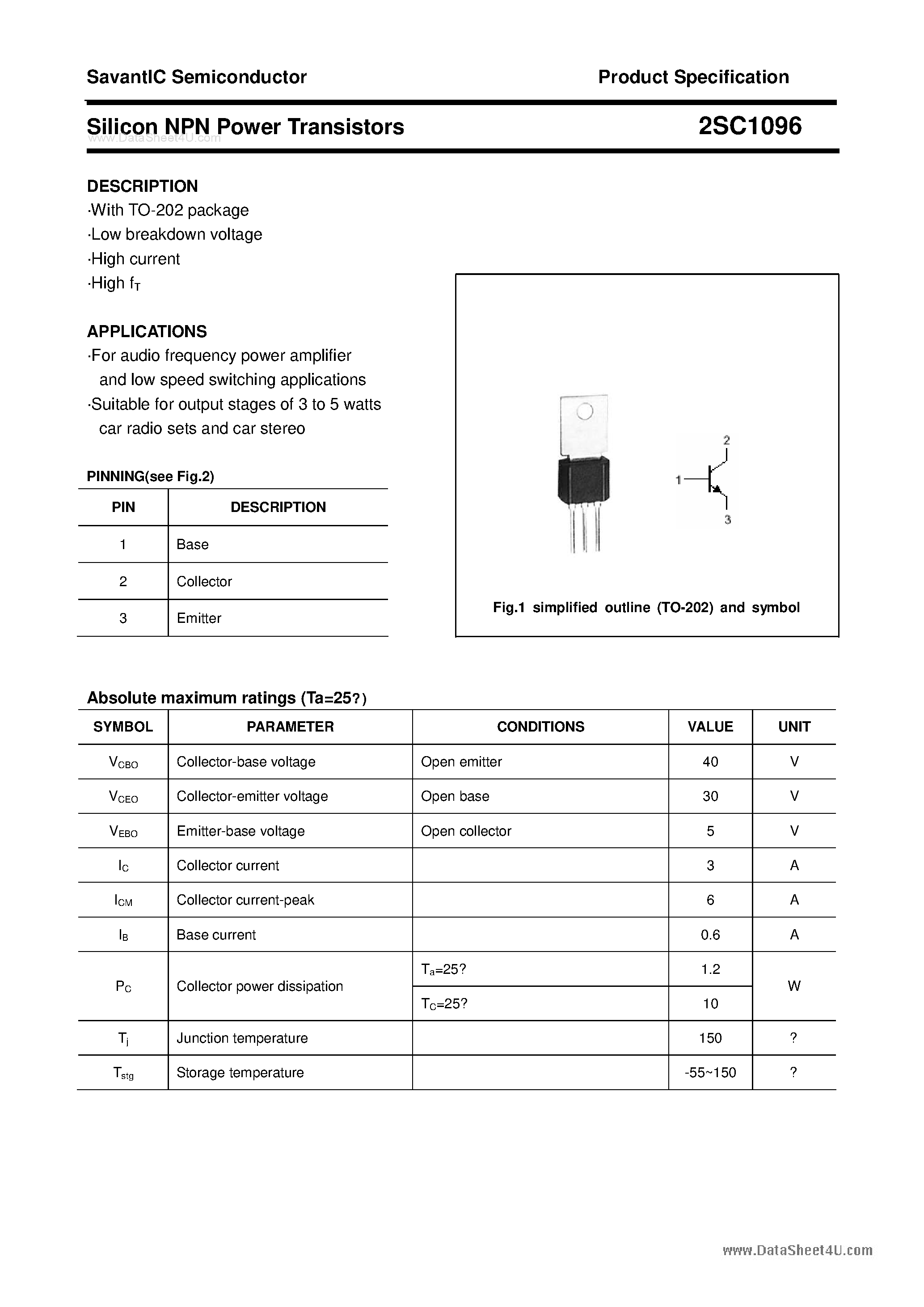 Даташит 2SC1096 - SILICON POWER TRANSISTOR страница 1