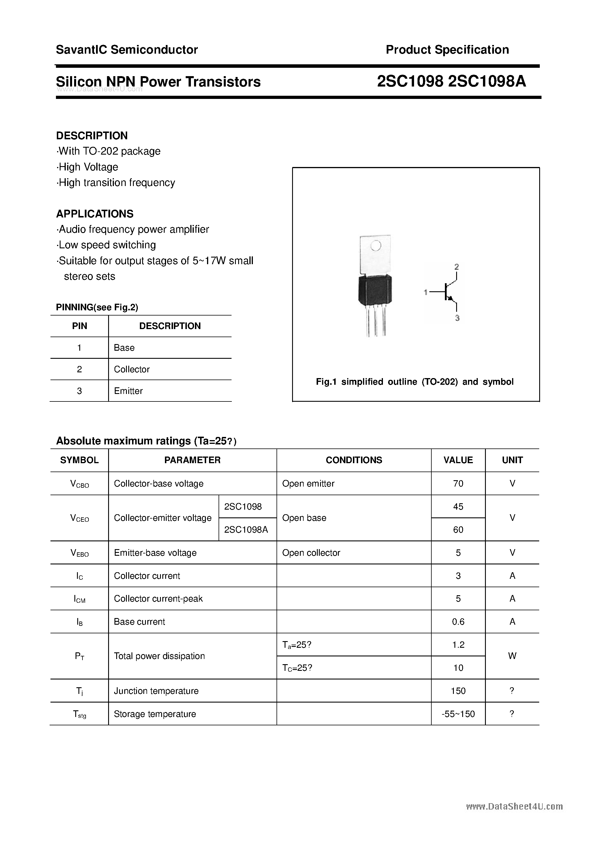 Даташит 2SC1098 - SILICON POWER TRANSISTOR страница 1