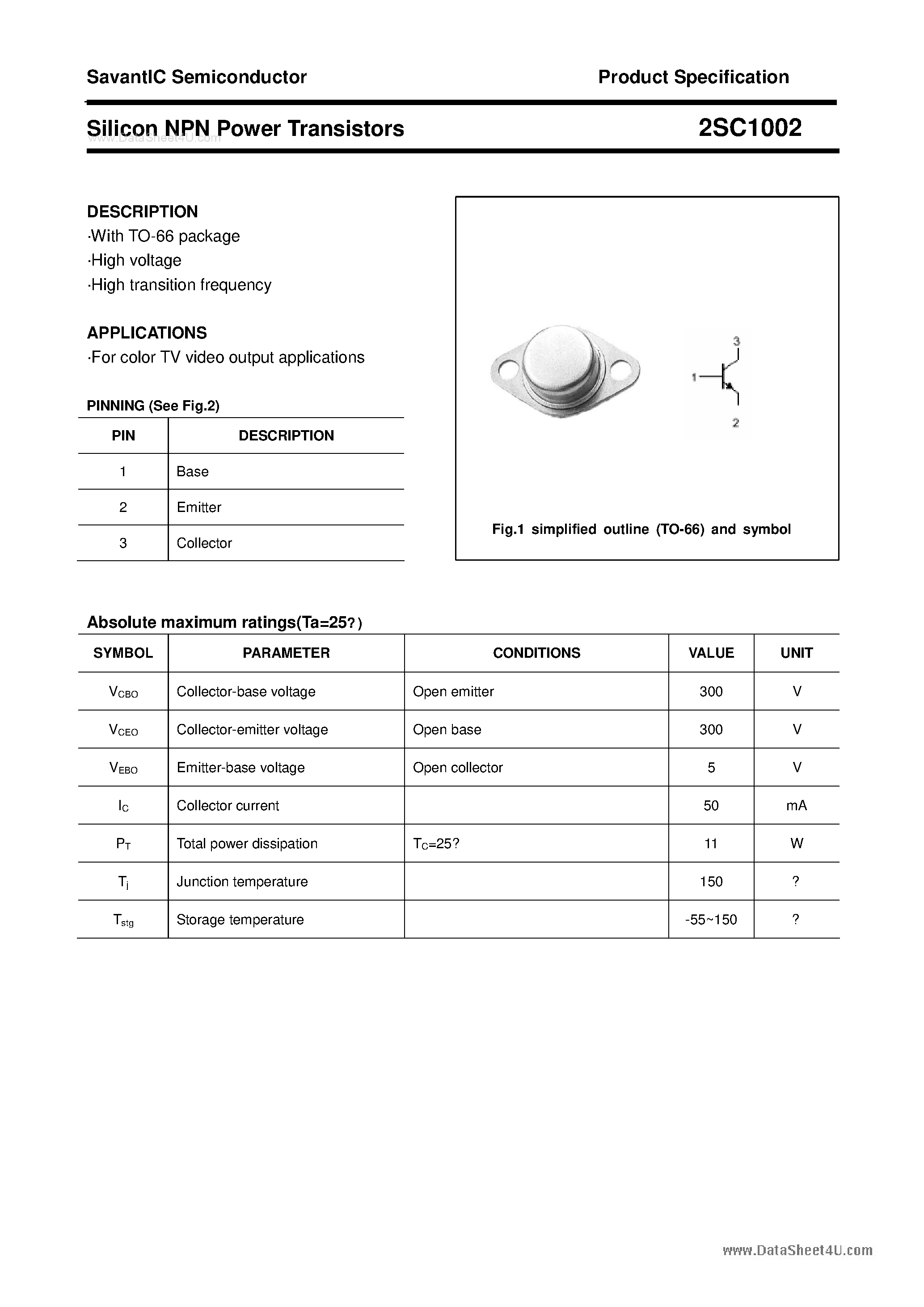 Даташит 2SC1102 - SILICON POWER TRANSISTOR страница 1