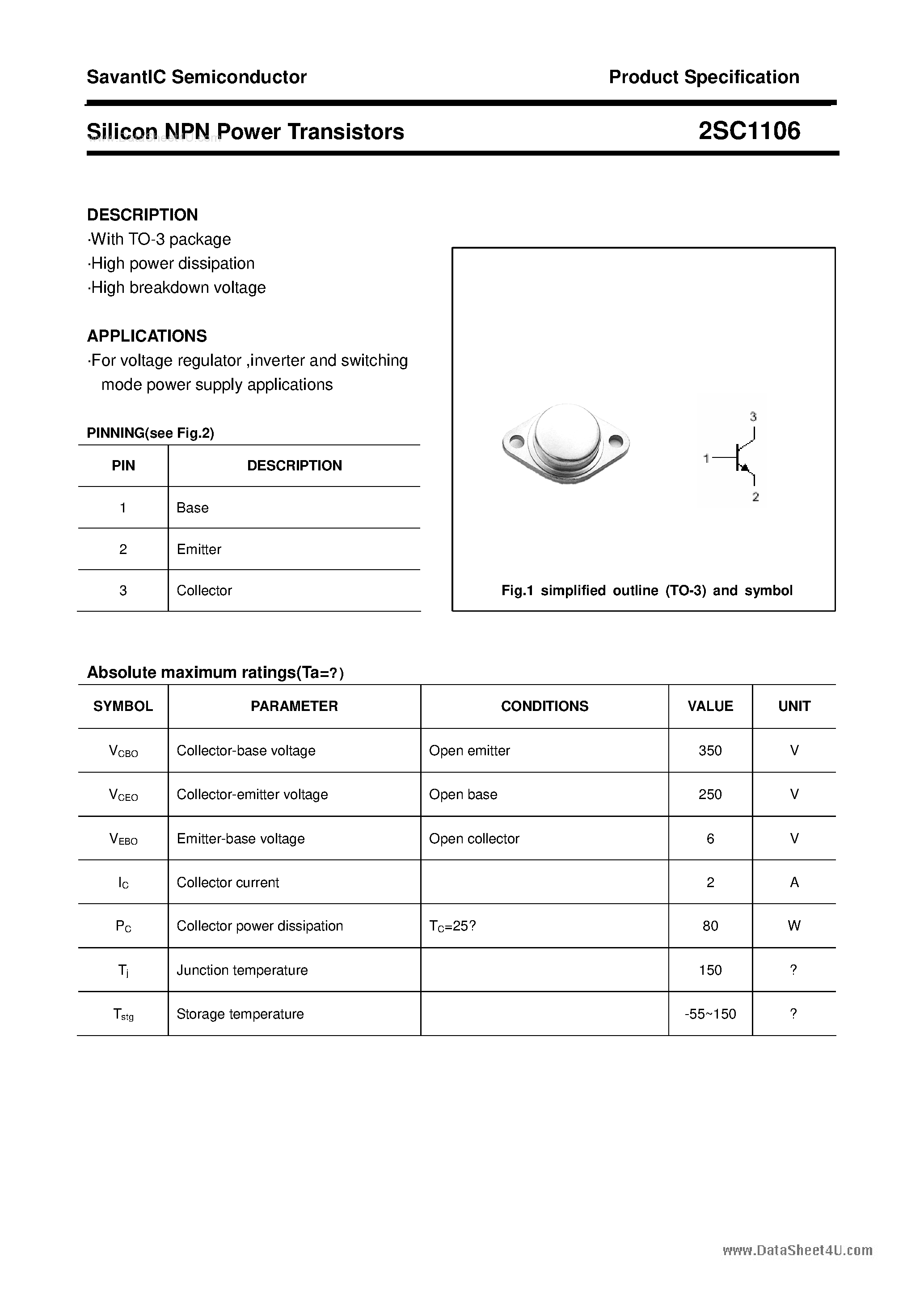 Даташит 2SC1106 - SILICON POWER TRANSISTOR страница 1