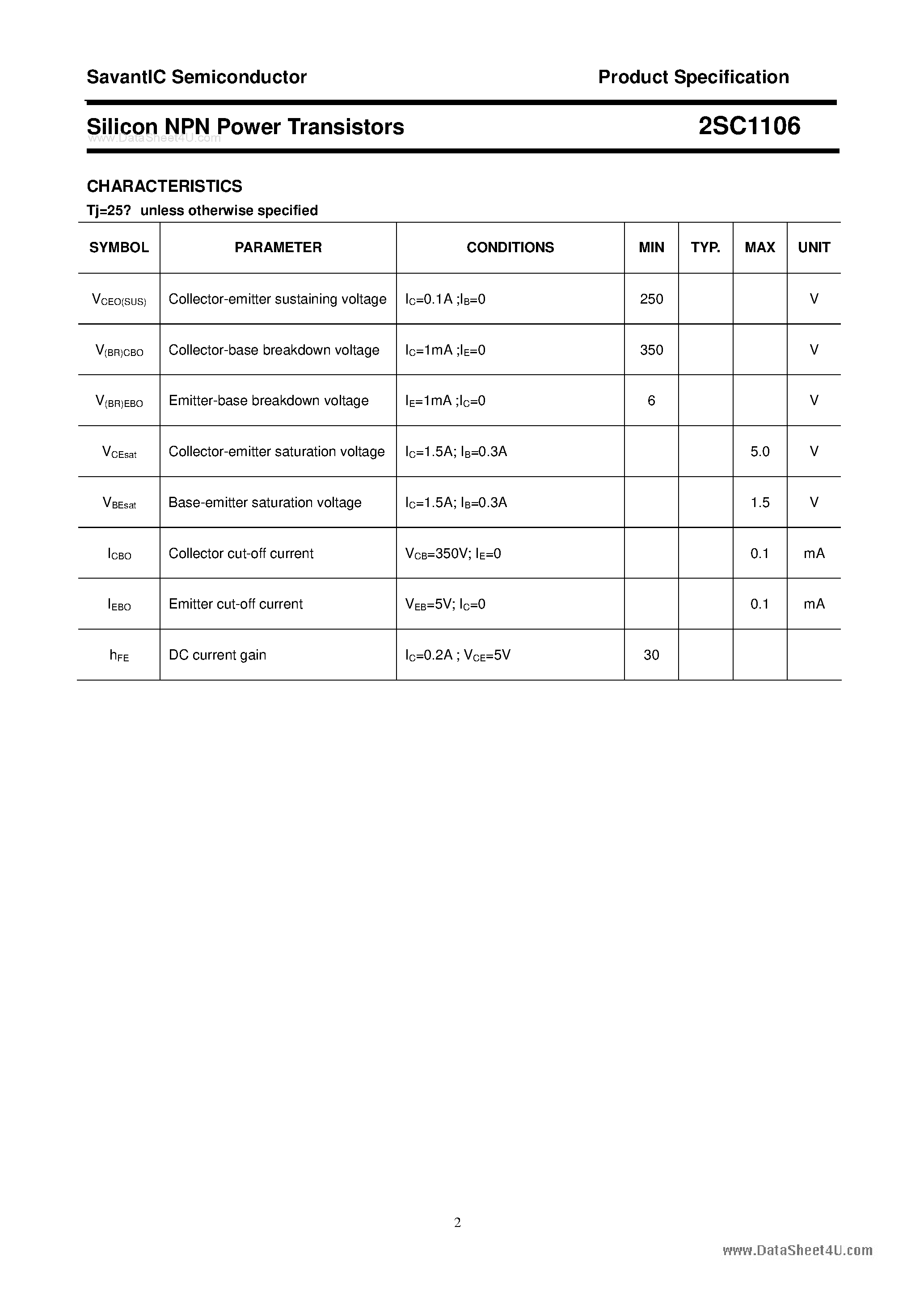 Даташит 2SC1106 - SILICON POWER TRANSISTOR страница 2