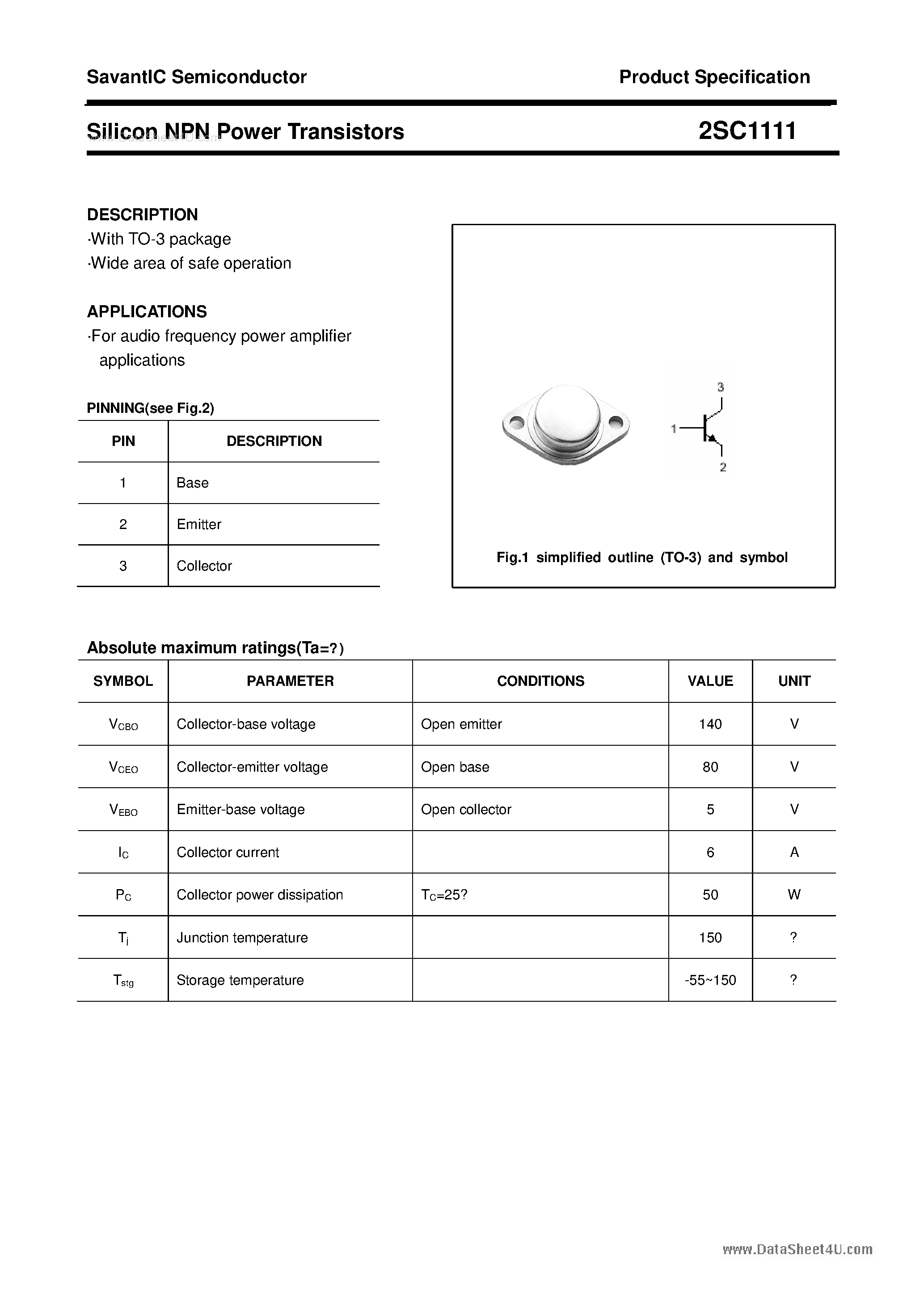 Даташит 2SC1111 - SILICON POWER TRANSISTOR страница 1