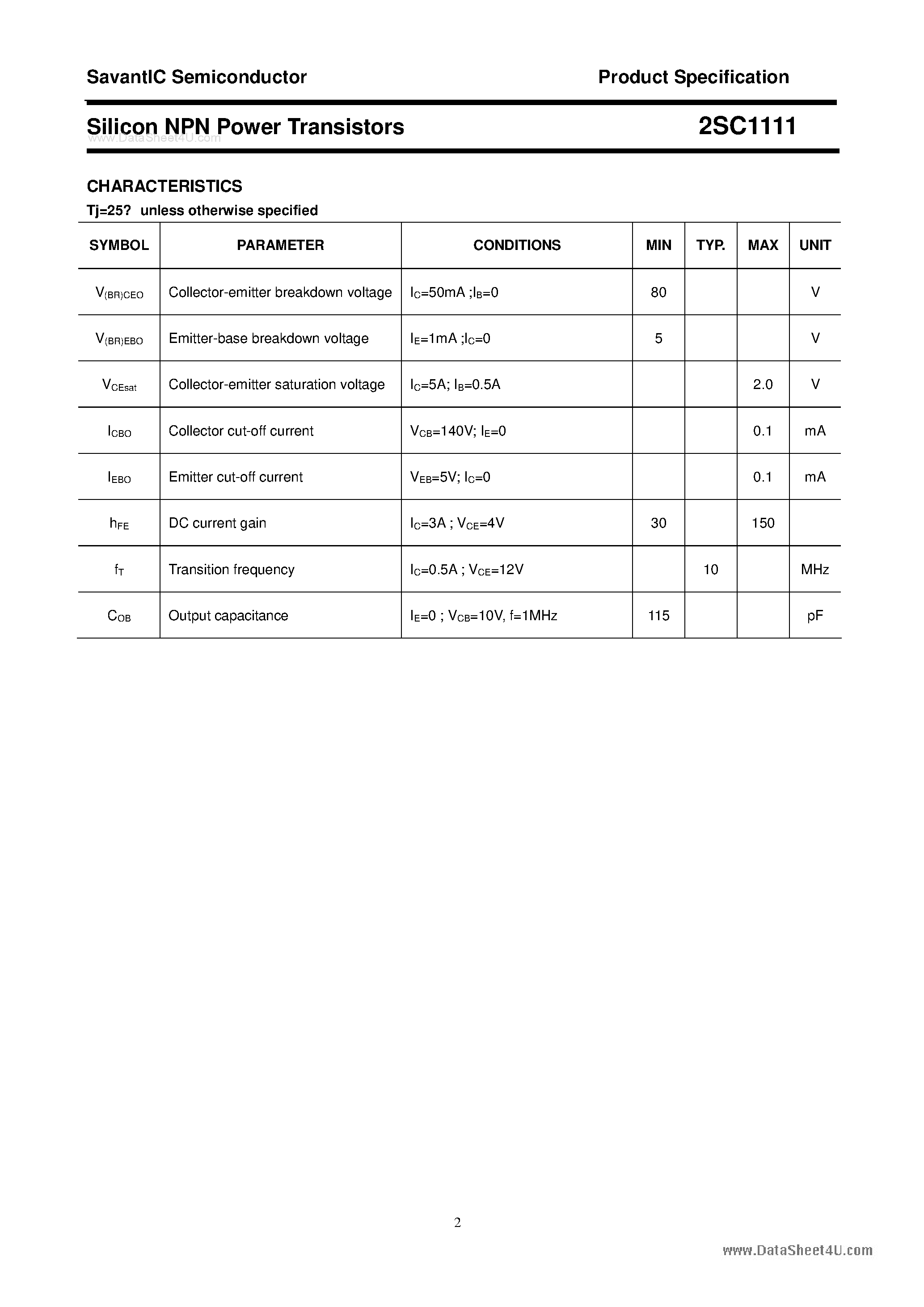 Даташит 2SC1111 - SILICON POWER TRANSISTOR страница 2