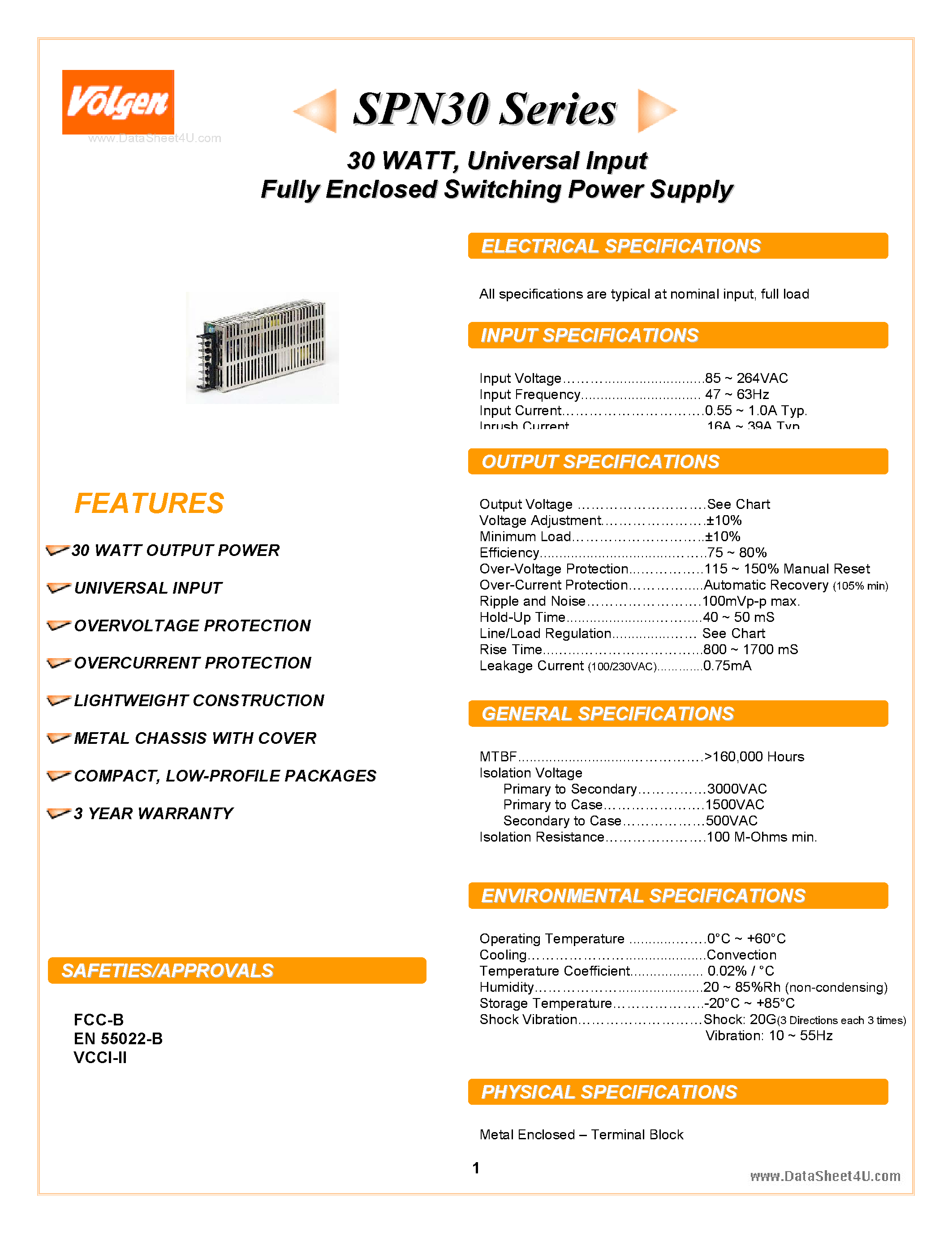 Datasheet SPN30 page 1 Datasheet SPN30 - Universal Input Fully Enclosed Switching Power Supply page 1